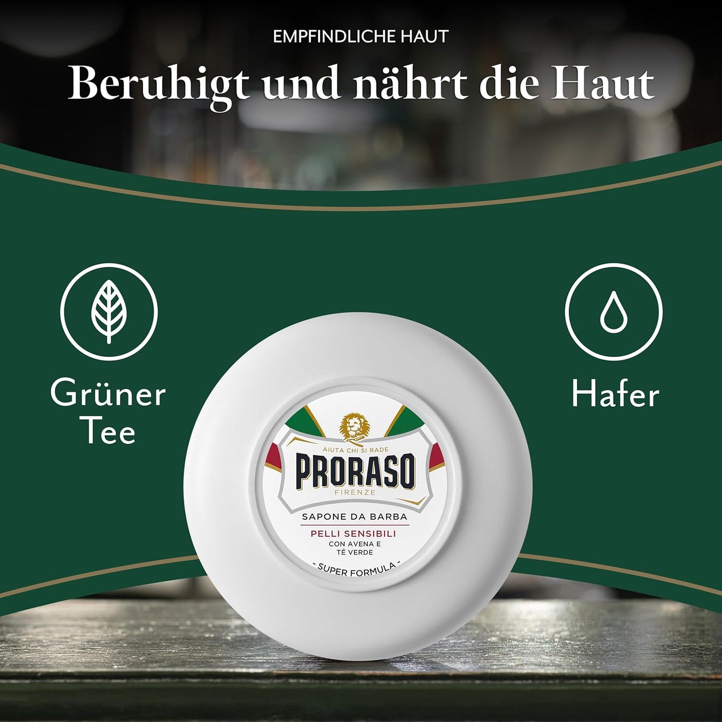 Proraso Shaving Soap inklusive Seifenschale, 150 ml, hautschonende Rasierseife für Herren mit Grünem Tee & Hafer, Rasiercreme für sensible Haut, Made in Italy, Weiss
