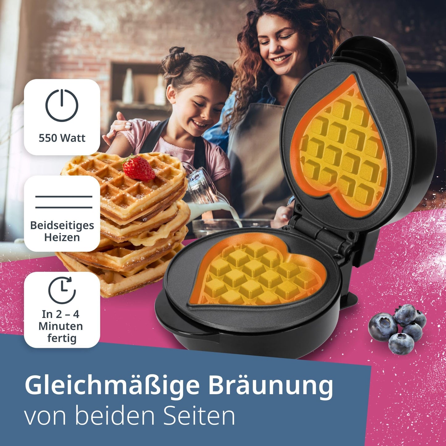 ADE Mini Waffeleisen Herzform | belgische Waffel | perfekt für eine Person, Party, Kindergeburtstag | hochwertige Antihaftbeschichtung | 550 W | schwarz