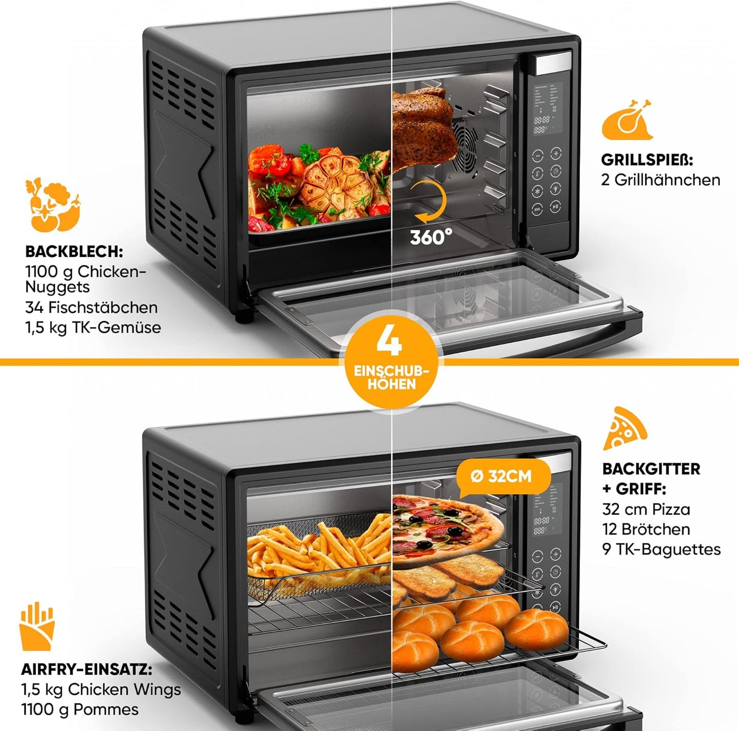 Digital mini oven with convection (45 litres) oven gloves ✓ Recipe book ✓ Double glass door ✓ 2000W ✓ LED display ✓ 13 programmes ✓ Rotary spit ✓ Crumb plate ✓ Timer ✓ Interior lighting