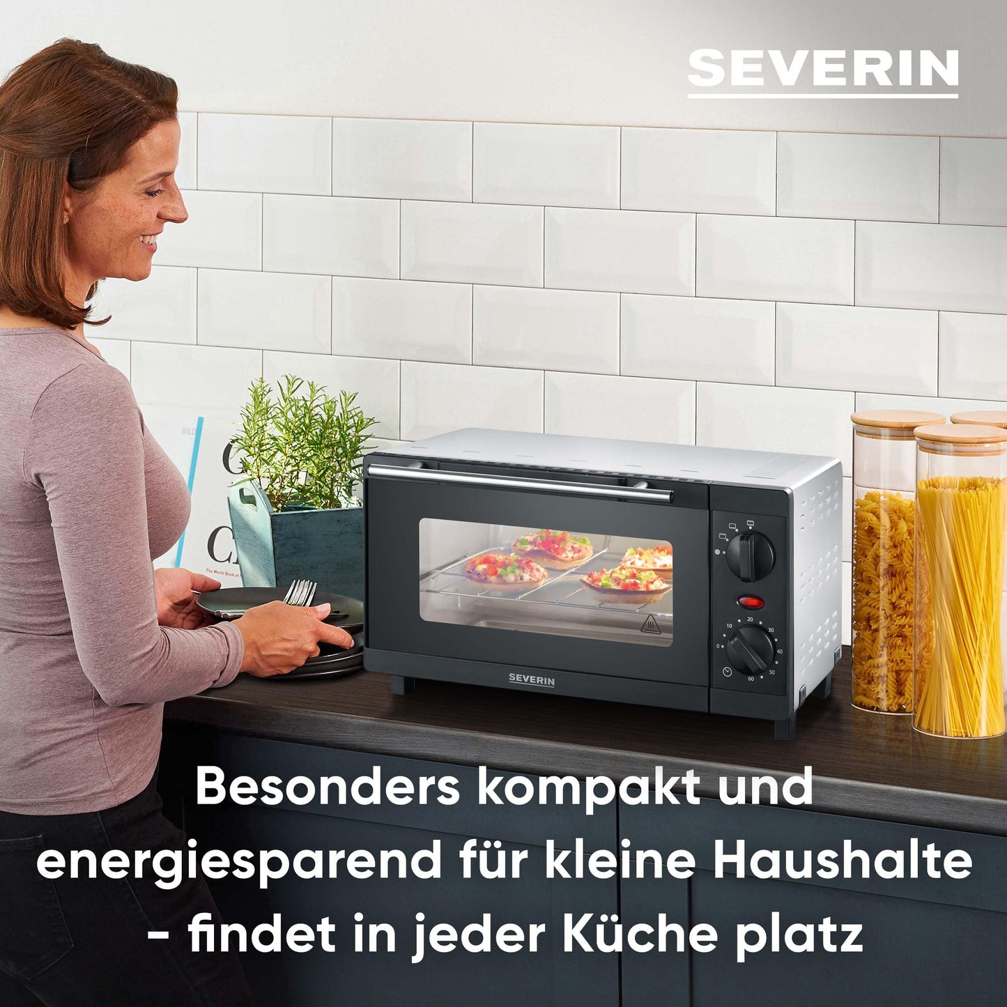 SEVERIN Mini Back- und Toastofen, kompakter Backofen inkl. Grillrost und Backblech, mit Ober- und Unterhitze, 800W, 9 L, silber /schwarz, TO 2052