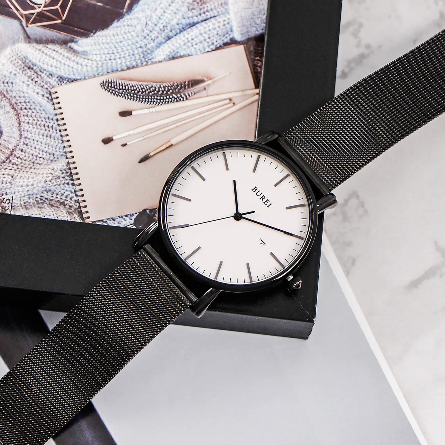 BUREI Ultra Dünne Uhren Herren Schwarze Analoges Datum Armbanduhr Herren mit Japanisches Quarzwerk, Geschenke für Männer