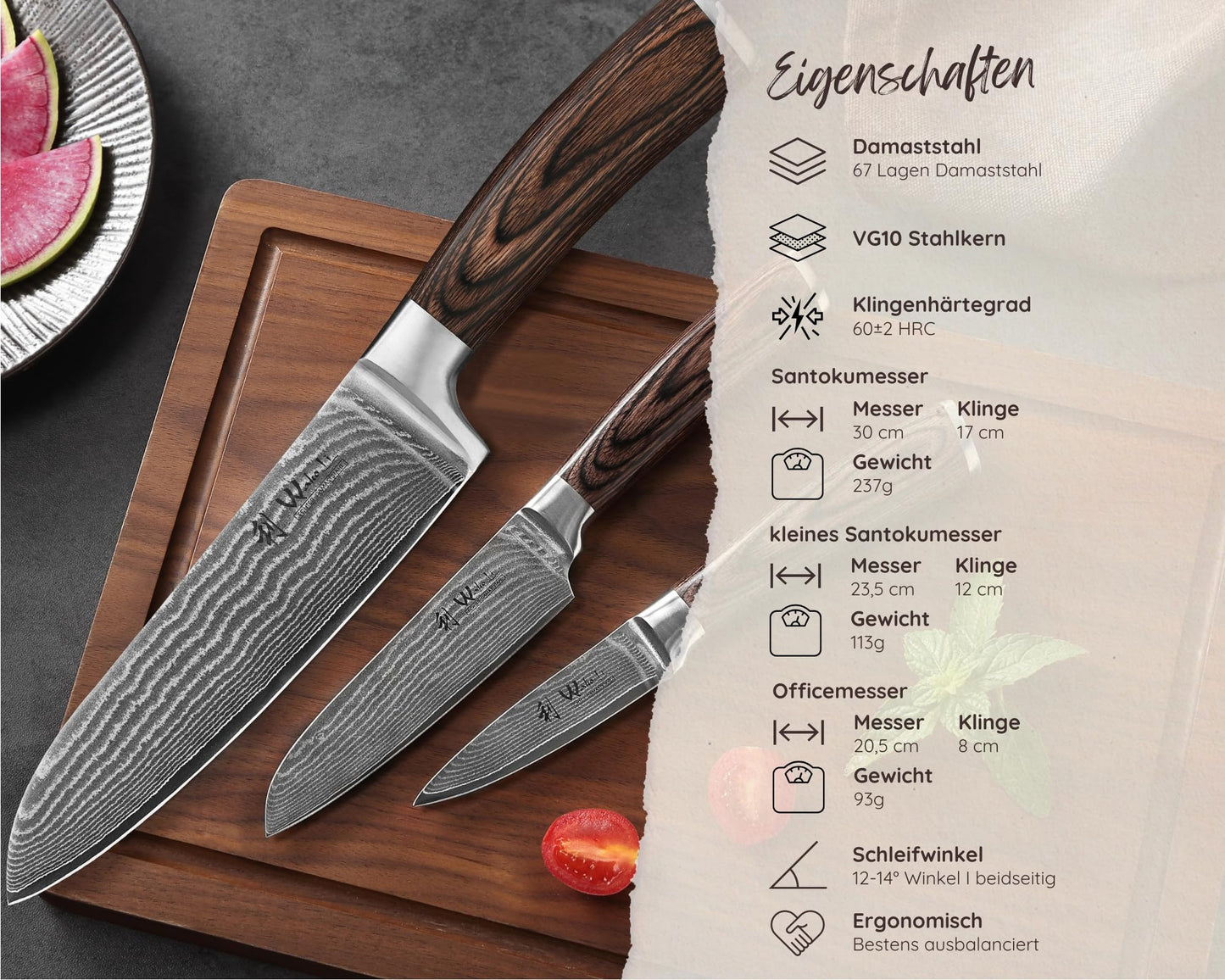 Wakoli EDIB 3er Damastmesser Set mit 8-17cm Klingen gefertigt aus 67 Lagen echtem Damaststahl mit Pakkaholzgriff in Holzbox I Premium Messerset Damast & Profi Küchenmesser