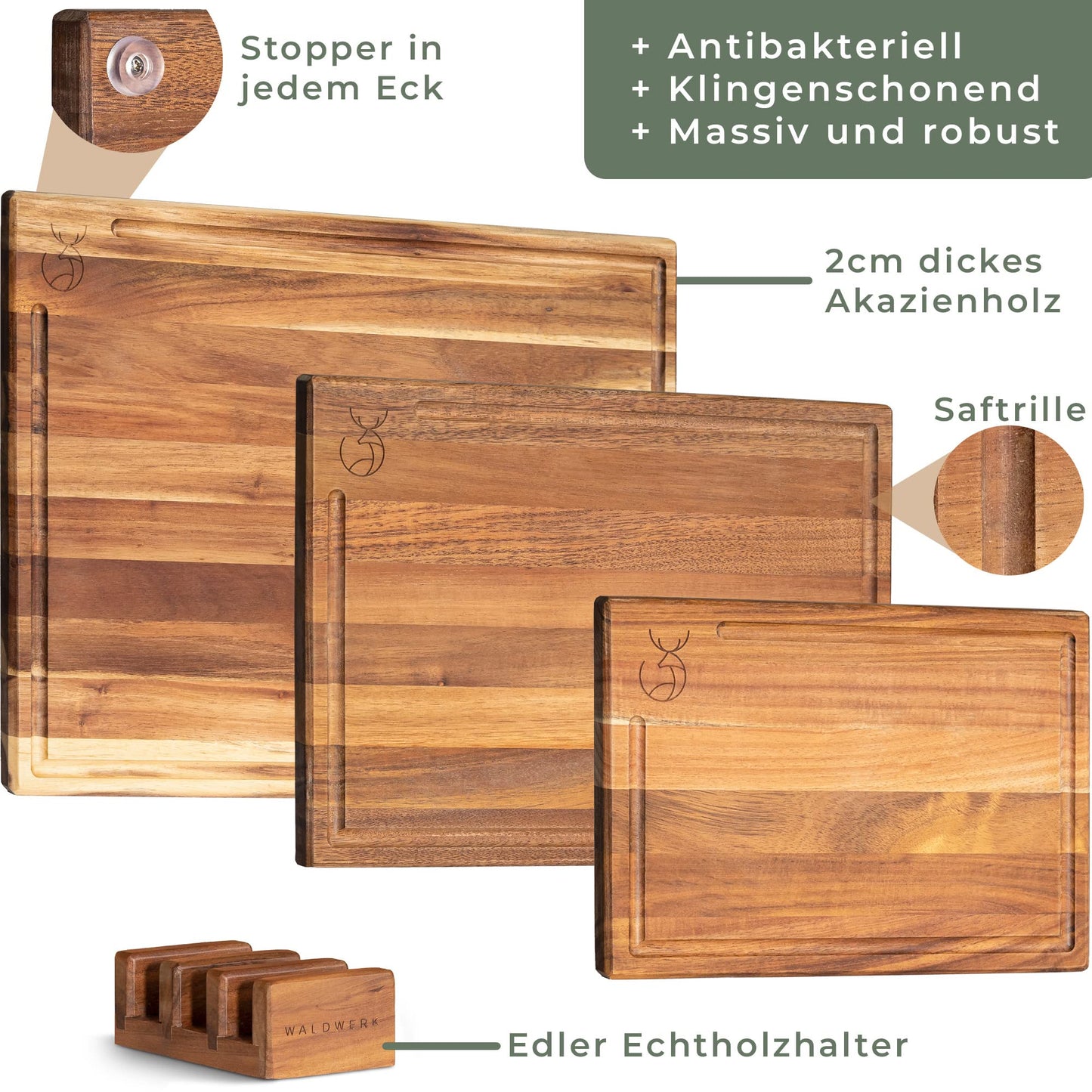 WALDWERK Set of 3 Solid Acacia Chopping Boards (40 x 30 cm / 33 x 24 cm / 26 x 18 cm), with Board Stand, 2 cm Thick Wooden Boards with Juice Groove, Designer Chopping Board Set