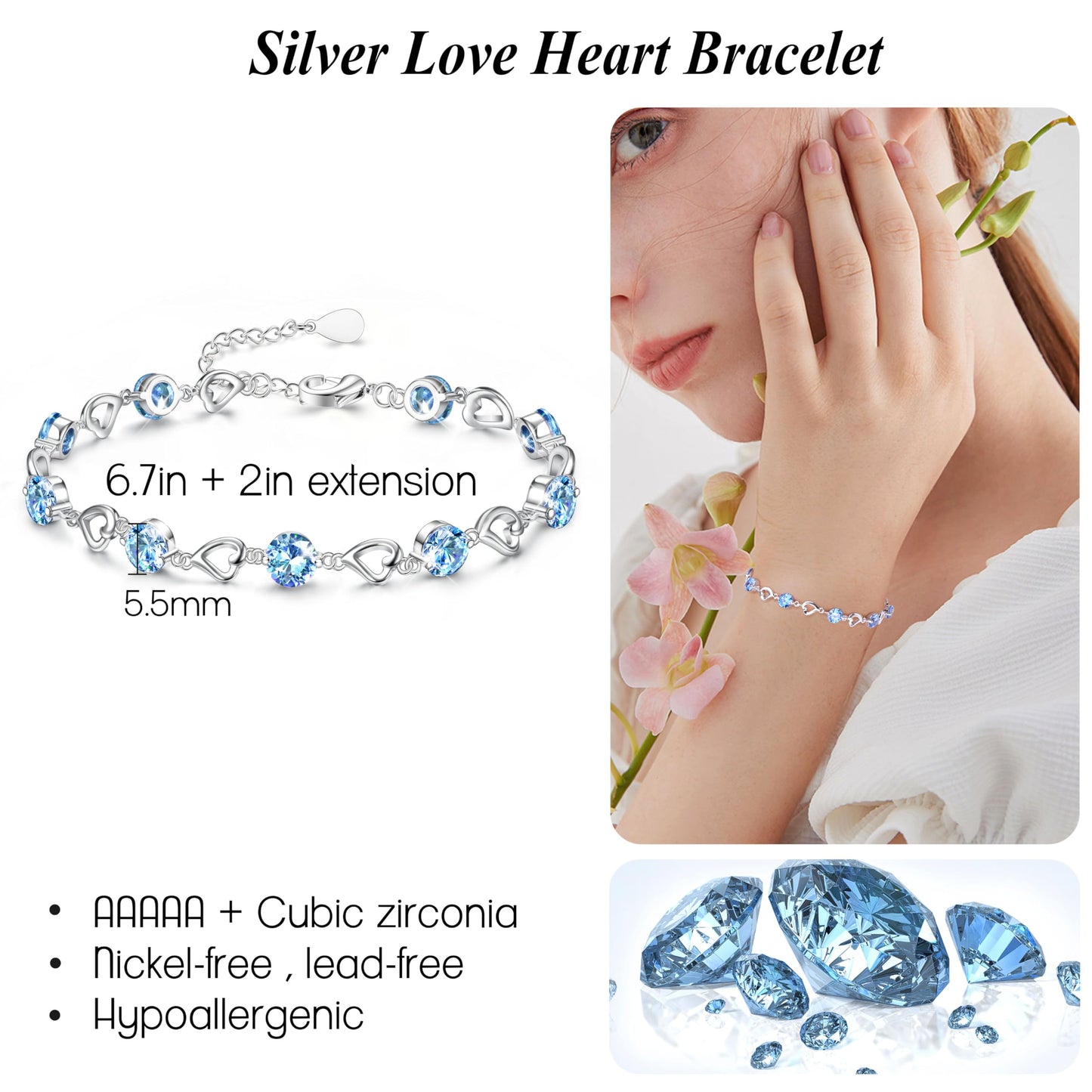 Silver Heart Bracelet for Women & Girls – Adjustable Zircon Tennis Chain