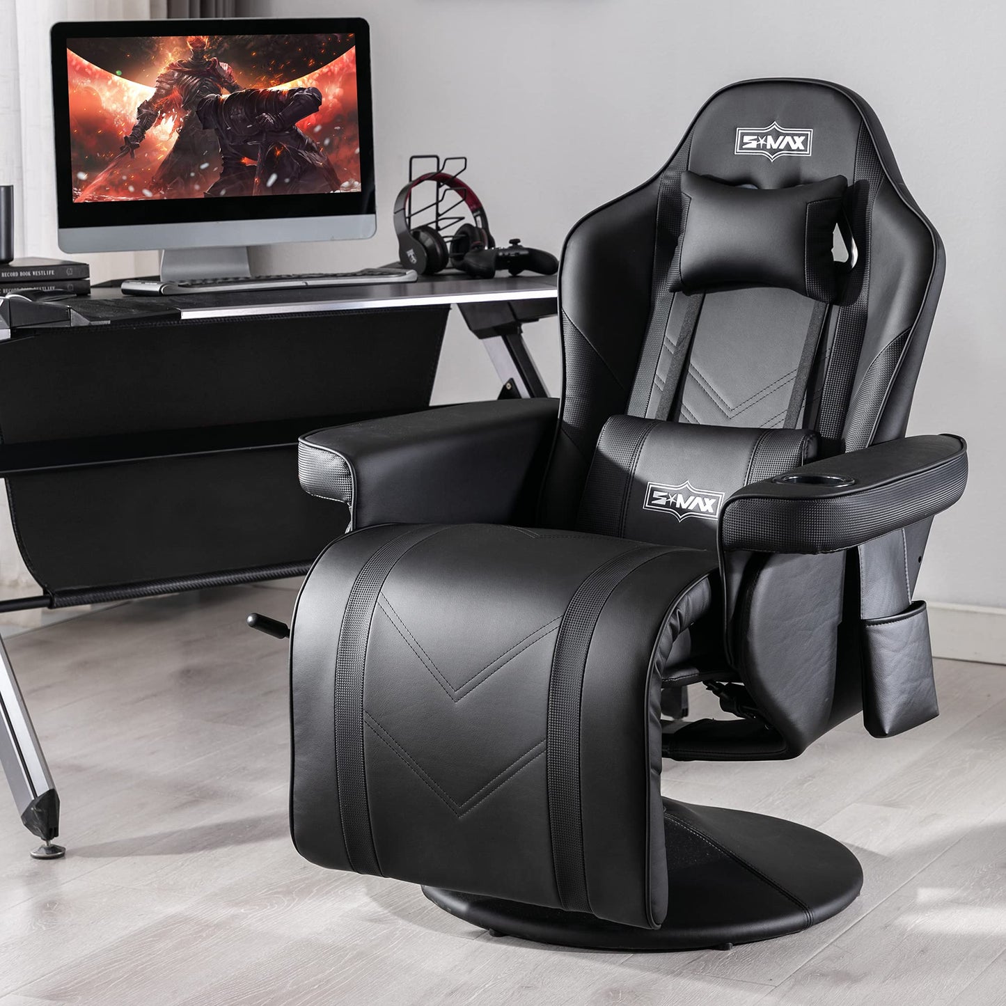 S*MAX Gaming Stuhl mit Fußstütze Gaming Sessel hoher Rückenlehne mit Verstellbarer Rückenlehne Becherhalter Seitentasche Gaming Stühle für Erwachsene Schwarz
