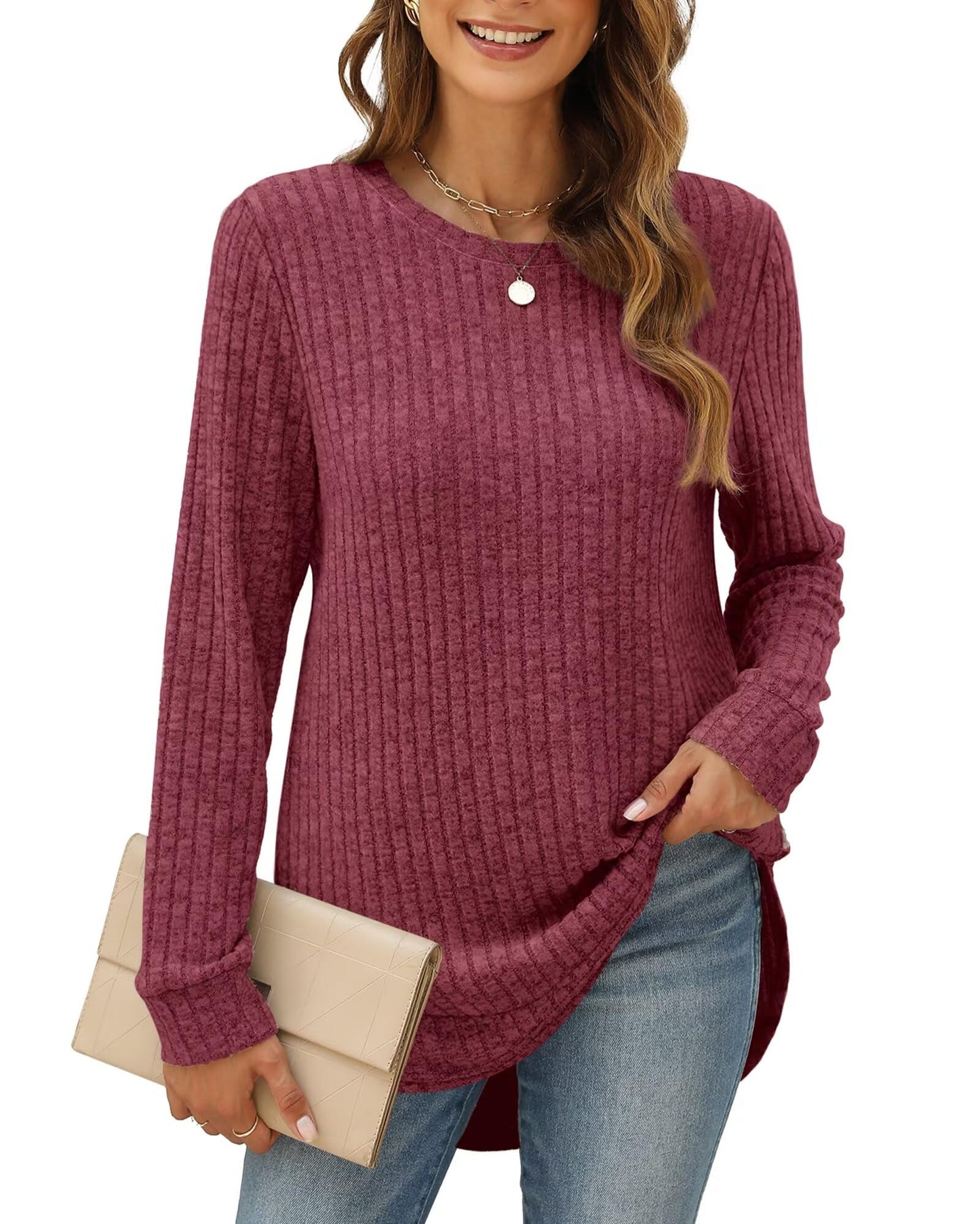 XIEERDUO Women's Pullover Sweater – Curved Hem Knit Sweatshirt