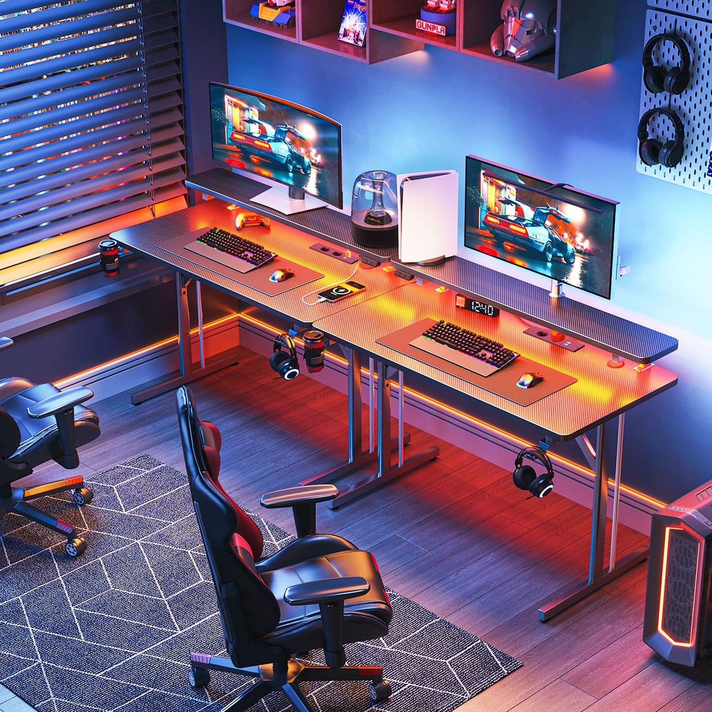 ODK Gaming Tisch, Kleiner Gaming Schreibtisch mit LED Beleuchtung & Steckdosen, Computertisch mit Monitorablage, Carbon Fiber Schwarz PC Gamer Tisch 100cm