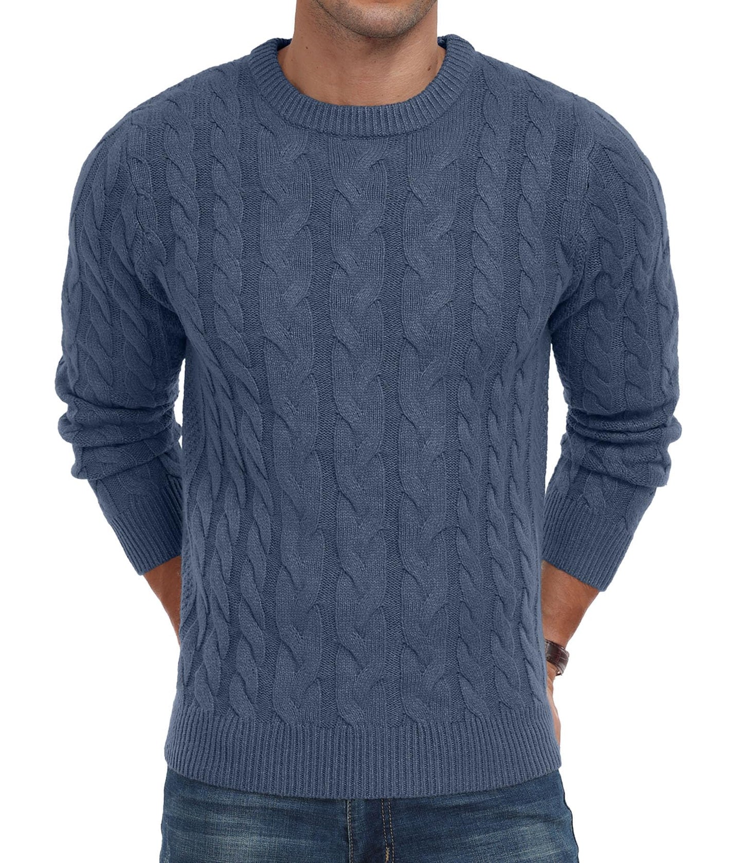 QIXING Men’s Cable Knit Sweater – Chunky Crewneck Pullover