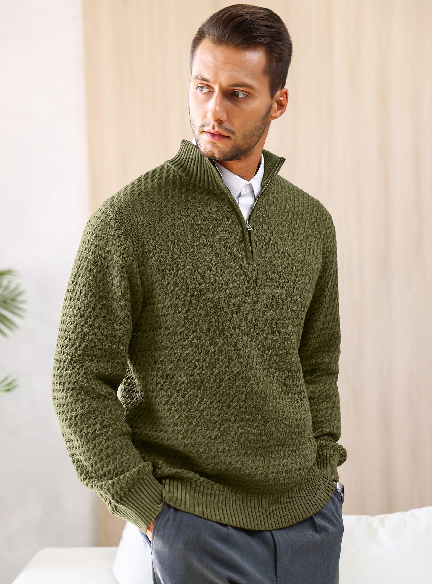 HYPESTFIT Men’s 1/4 Zip Turtleneck Sweater – Warm Knit Pullover