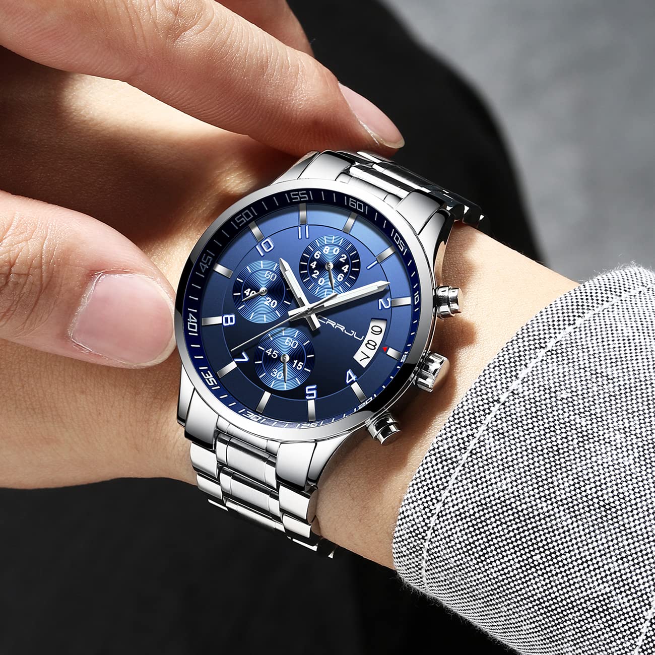 CRRJU Herren Uhr Business Edelstahl wasserdichte Chronographen mit Kalender Armbanduhr Edelstahlband Stoppuhr Analog Quarzuhr