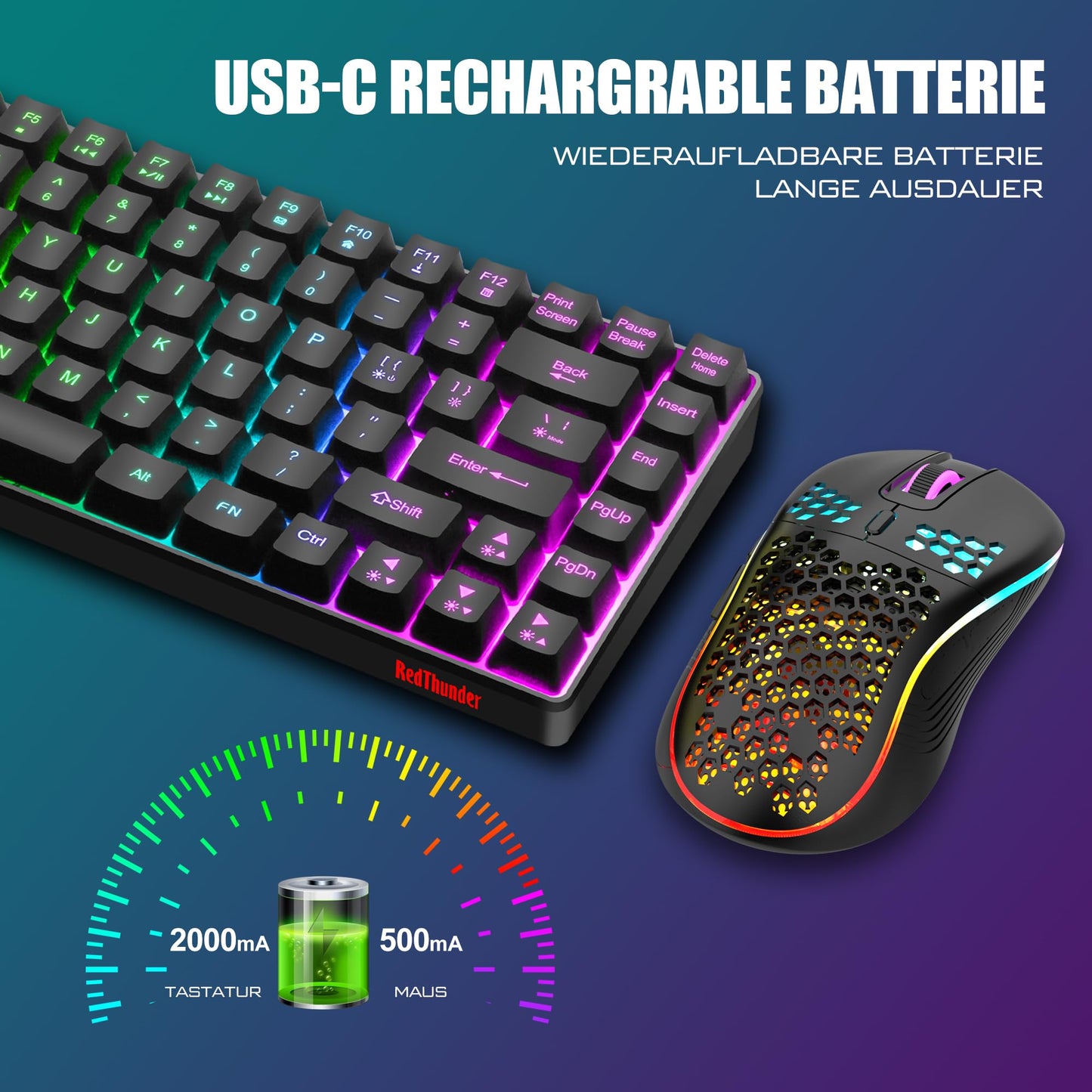 RedThunder 75% Kabelloses Gaming Tastatur und Maus Set, QWERTZ DE Layout, 85 Tasten TKL Wiederaufladbare Kompakte Tastatur, Ultraleichte 7200DPI-Maus mit Wabenkonstruktion für PC MAC PS5 Xbox Gamer