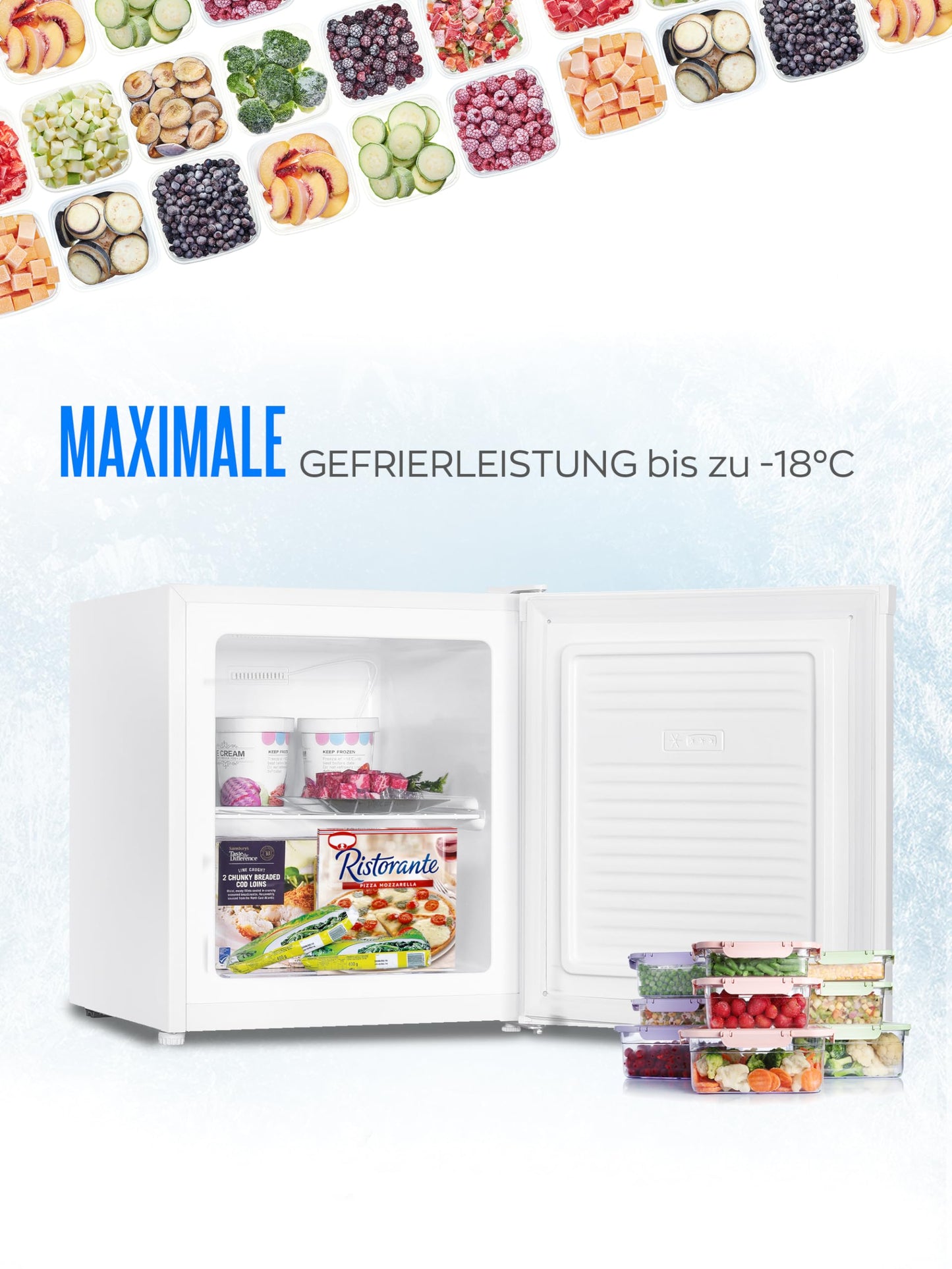 Heinrich's mini freezer 33L -18°C small compact quiet: 40db freezer box; changeable door hinge; mini freezer, perfect for office camping outdoor (white)