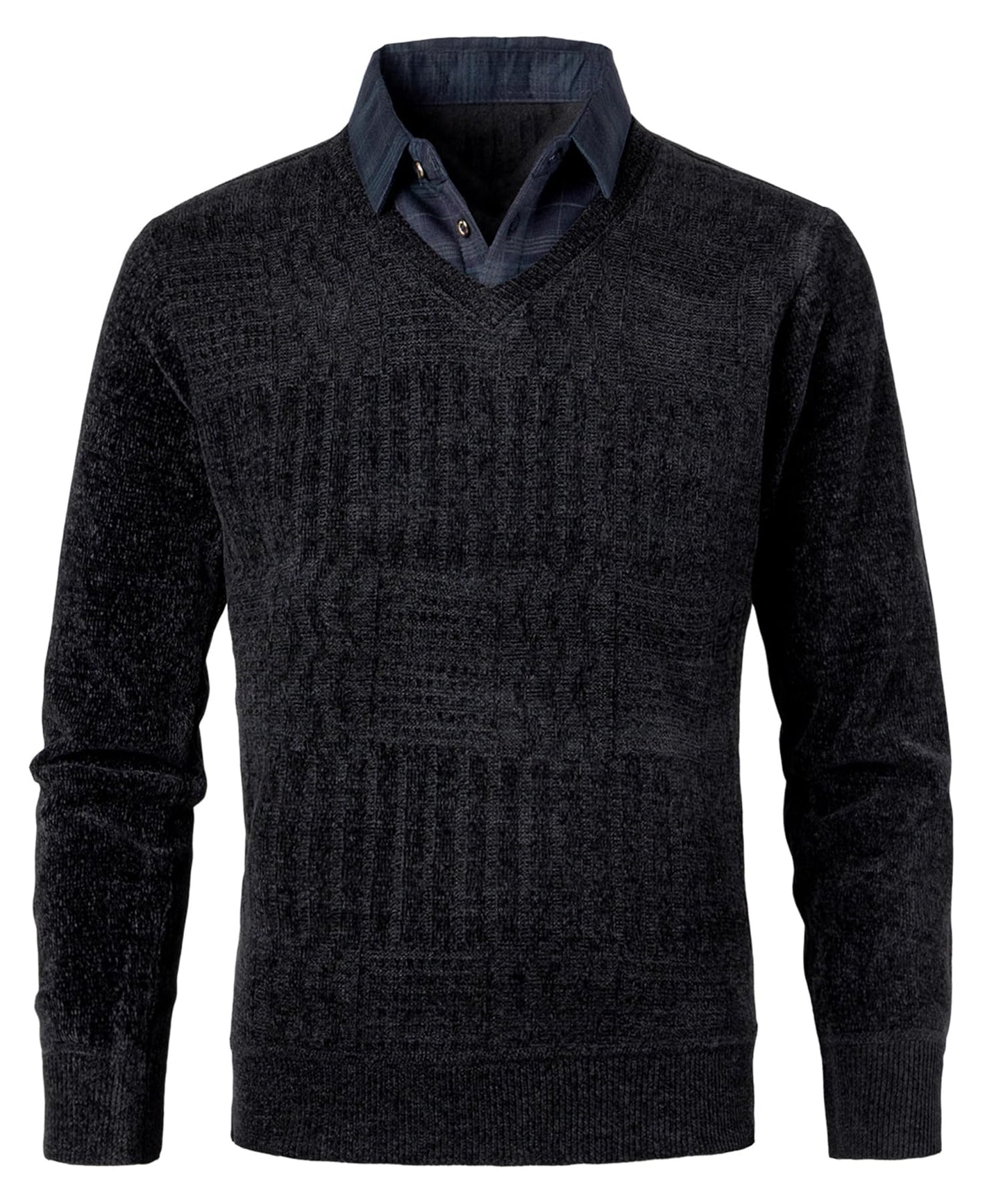 Men’s 2-in-1 V-Neck Sweater – Slim Fit Chenille Pullover with Mock Shirt Collar
