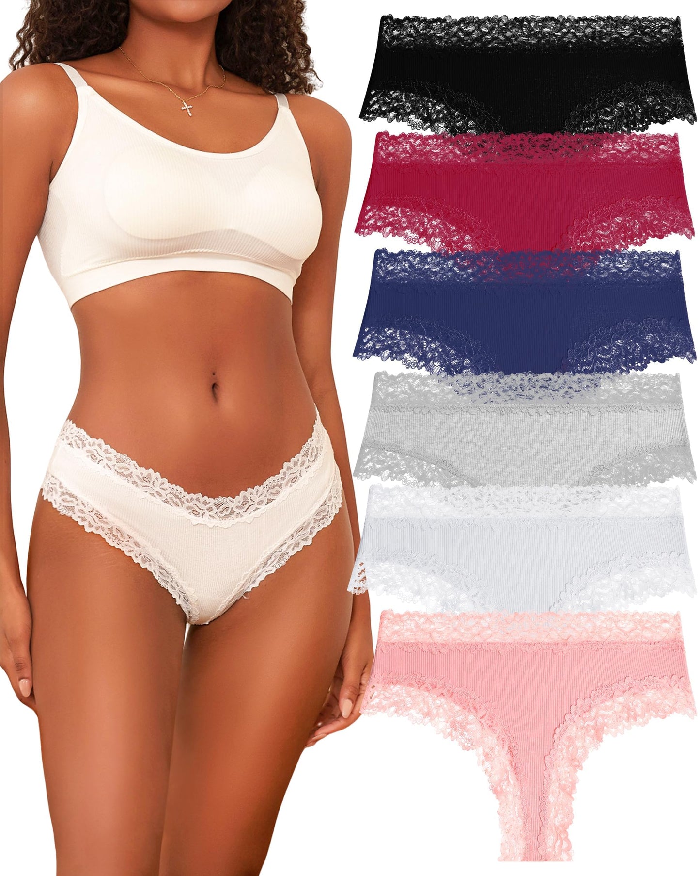 Women's Ribbed Brazilian Briefs Lace Underwear Soft Sexy - 6-Pack