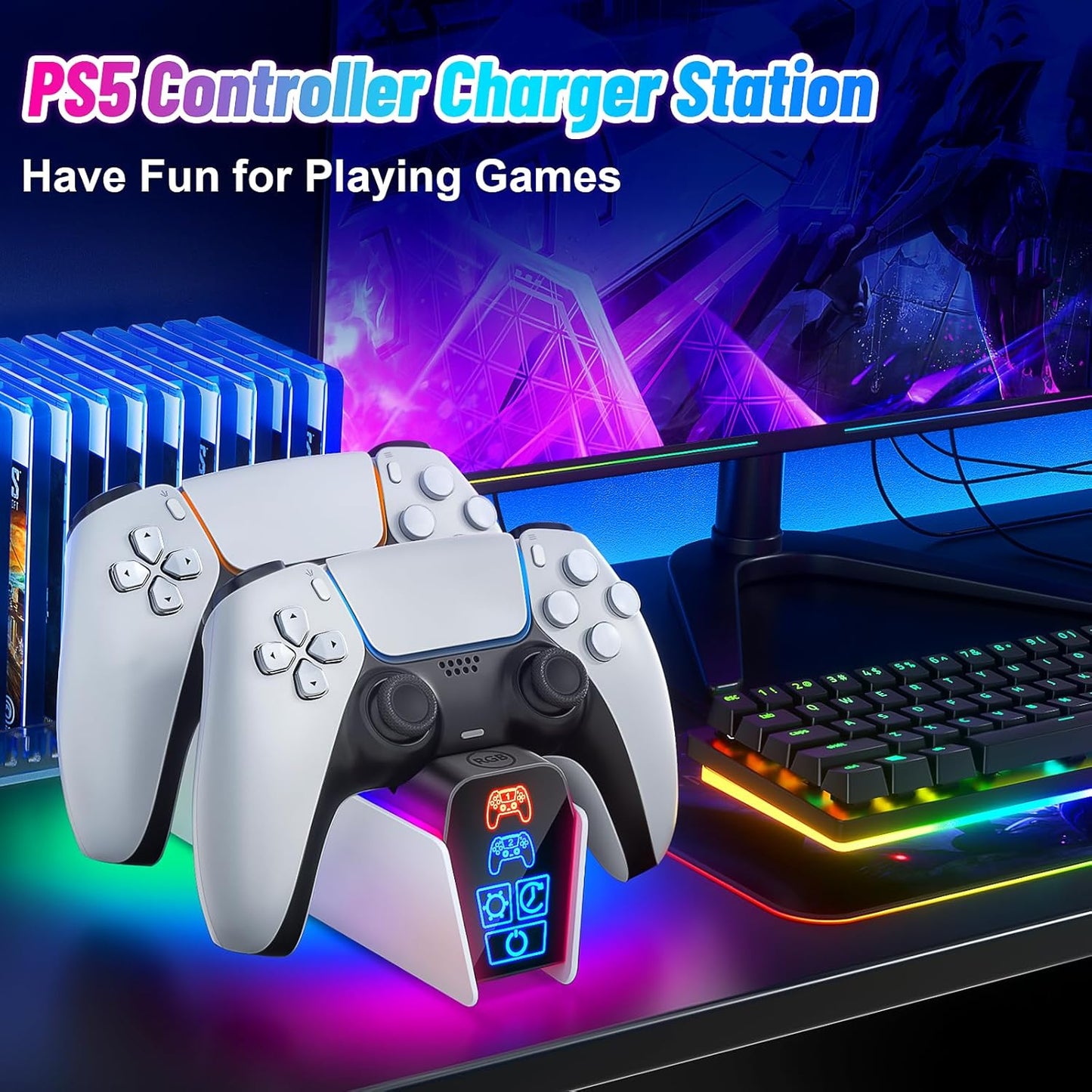 Fenolical Ladestation für DualSense PS5 & Edge Controller, Touch-Ladestation, Zeitgesteuerte, Multifunktionale Playstation5-Gaming-Ladestation mit frei Steuerbarer Beleuchtung