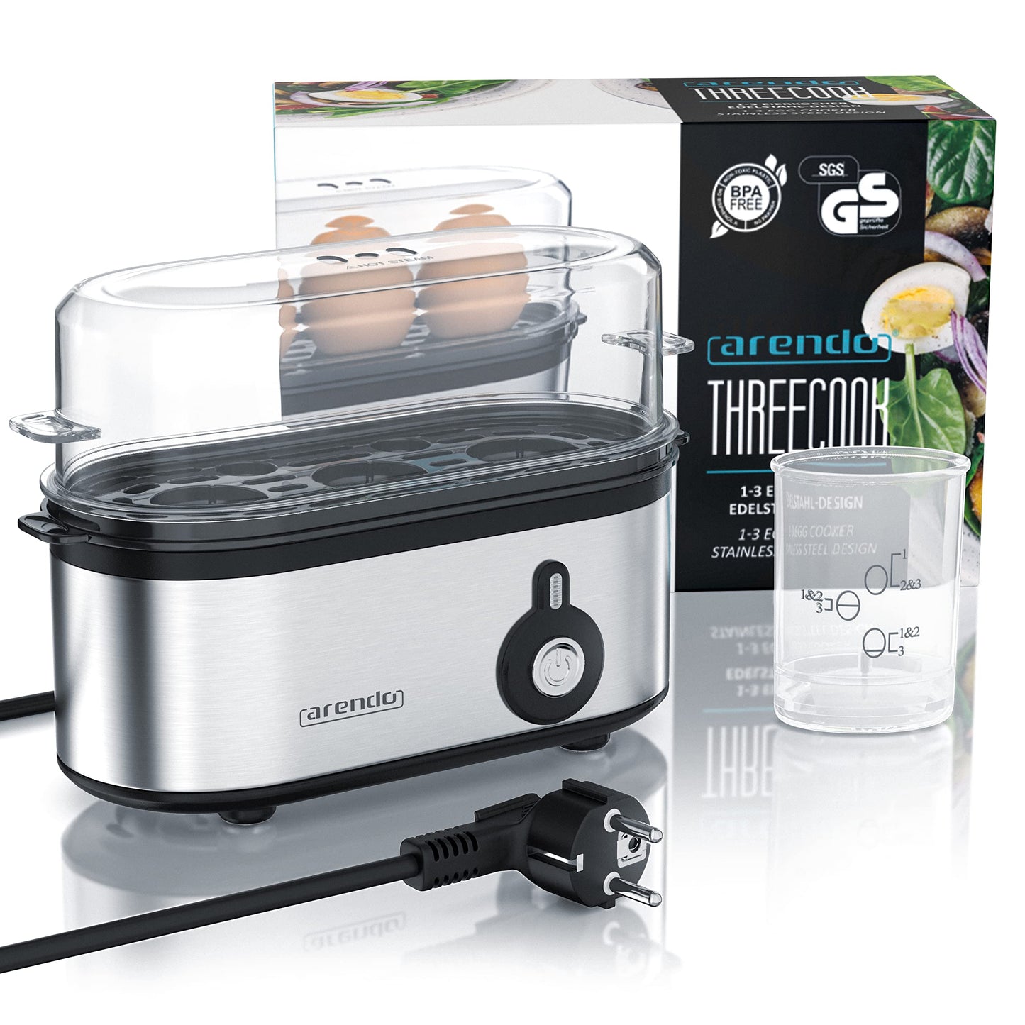 Arendo - Edelstahl Eierkocher Threecook - Egg Cooker - EIN AUS-Schalter - Wählbarer Härtegrad - 210 W - 1-3 Eier - GS - BPA-frei