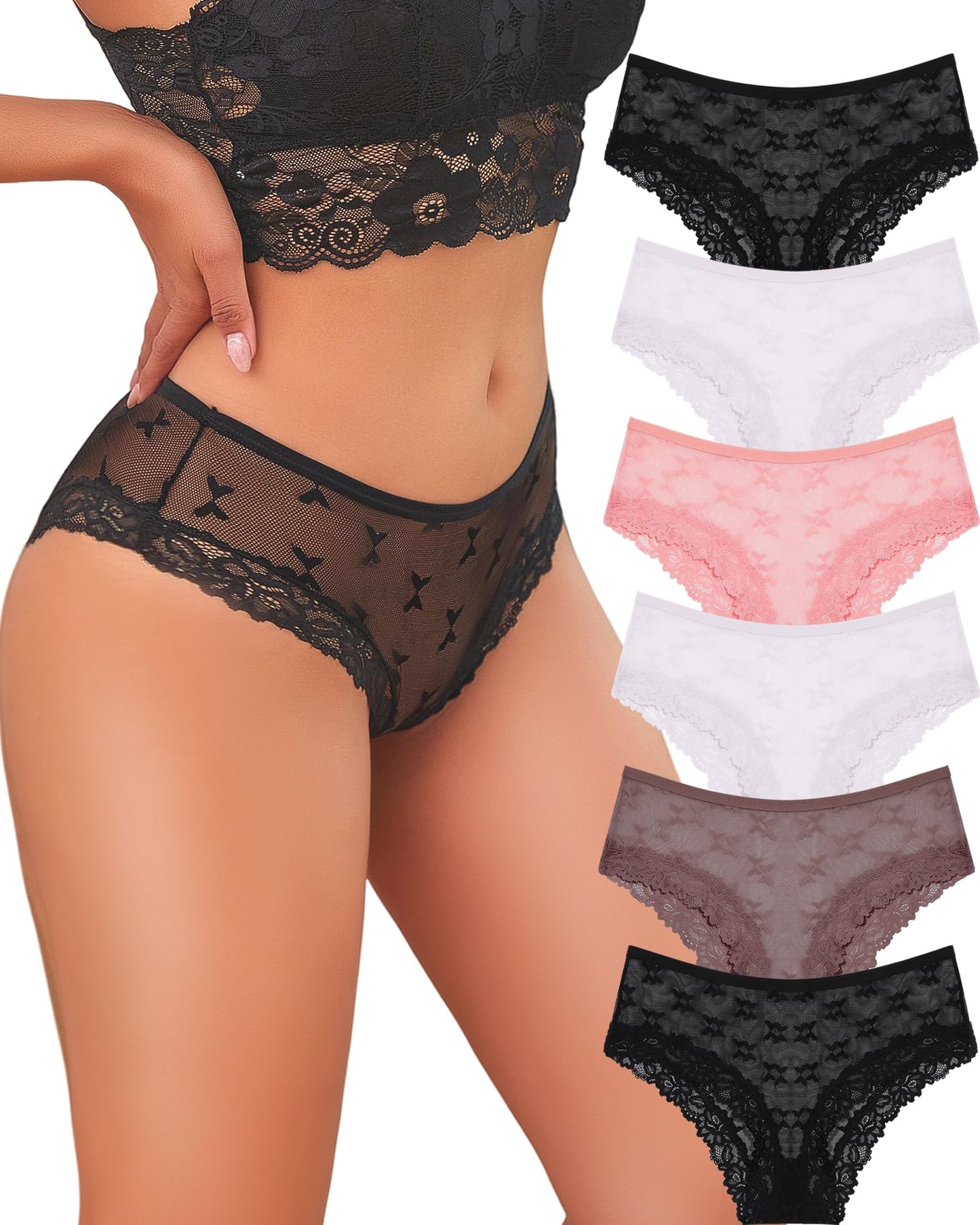 Women's Lace Brazilian Briefs Pack of 6 Seamless Sexy Hipster Underwear (S–XL)