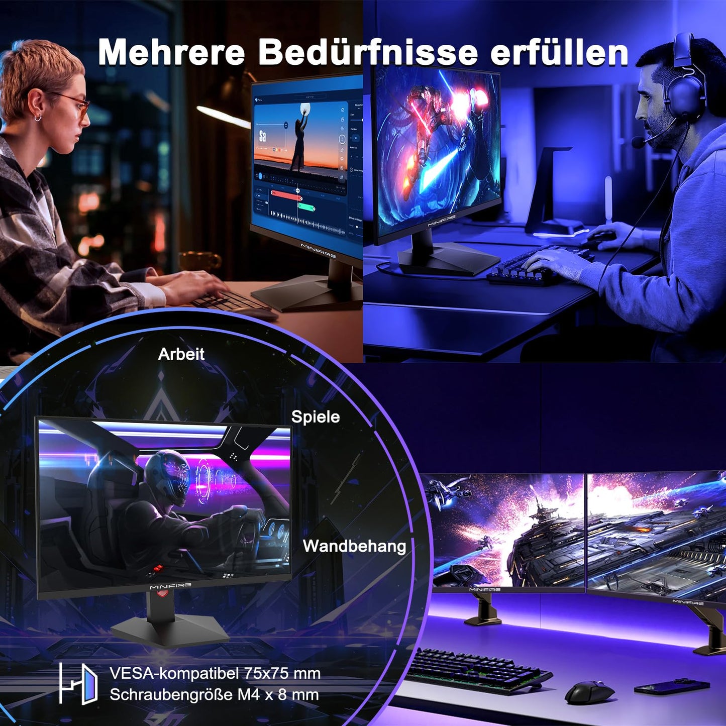 Minifire 24 Inch Monitor, 100 Hz, IPS, Full HD (1920 x 1080), AMD FreeSync, sRGB110%, Frameless Screen, Eye Care, HDMI Type-C, Adjustable Tilt, VESA (MF24X3A Type-C Cable Included)