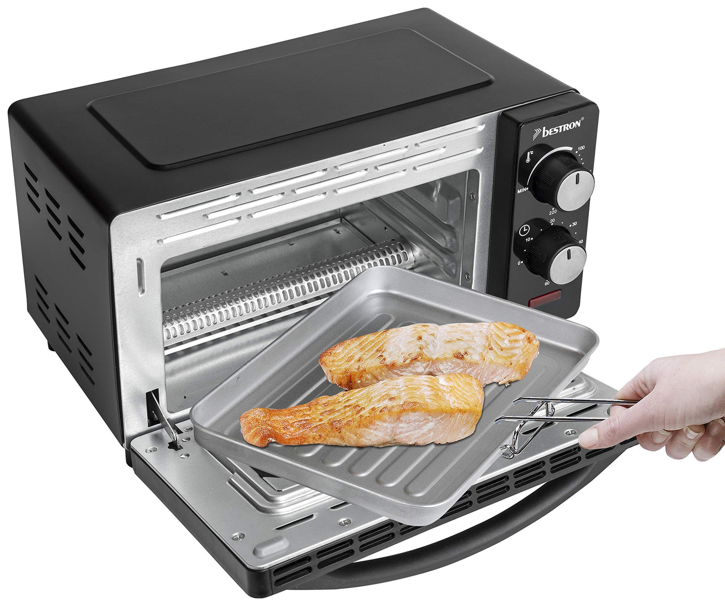 Bestron AOV9 Kompakter Mini-Backofen mit Ober-/Unterhitze, 9 Liter, 800 Watt, Schwarz
