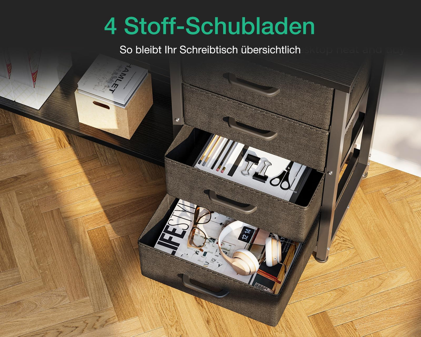 ODK Schreibtisch mit Schubladen, Reversible Eckschreibtisch mit 2 Steckdosen und 2 USB Ladeanschluss, Bürotisch L Form mit LED für Home Office 135×110cm (Schwarz)