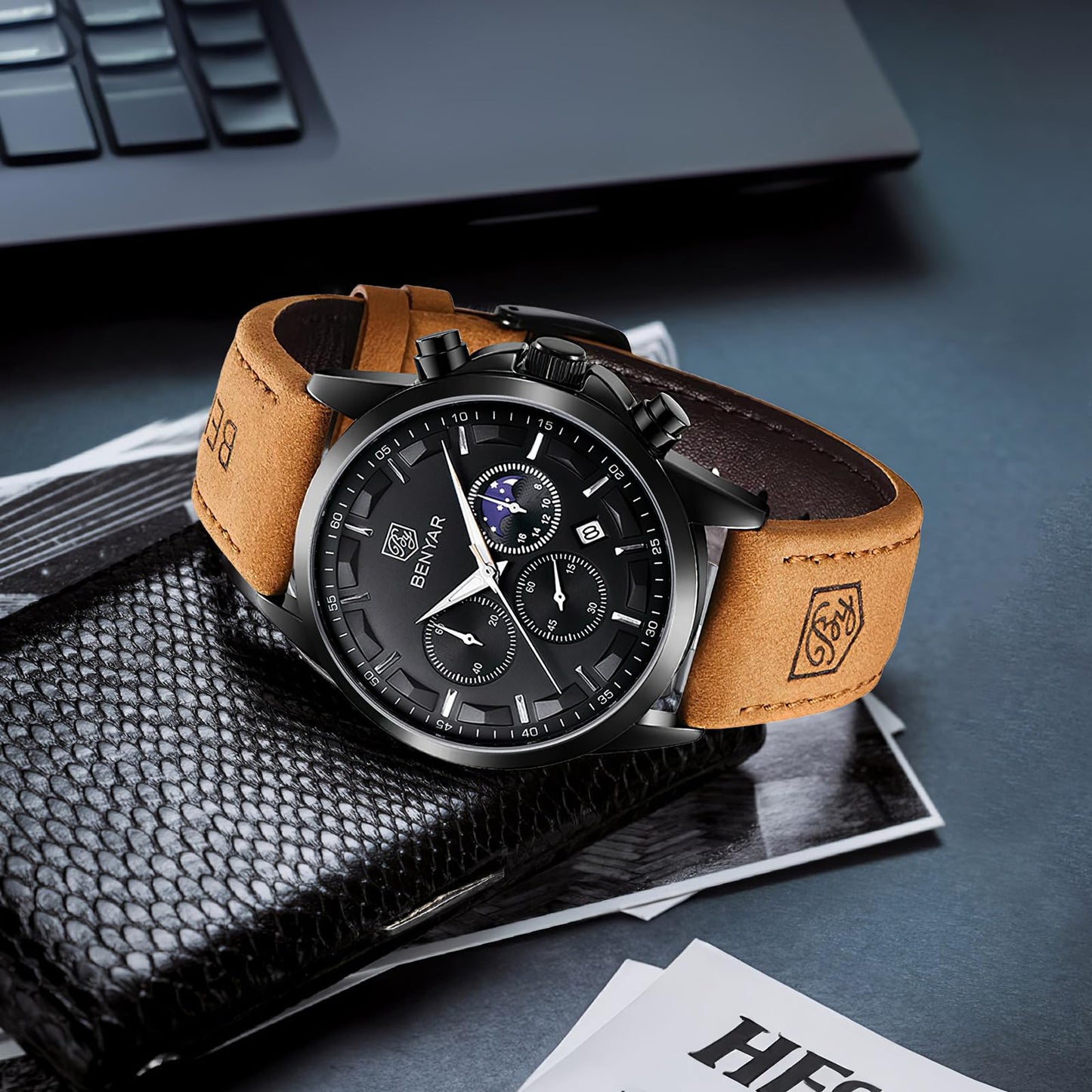 BY BENYAR Uhren Herren Chronograph Analog Quarz Wasserdicht Armbanduhr Herren Mode Lässig Business Herrenuhr mit Kalender Lederarmband/Edelstahlarmband Uhr Geschenk für Männer