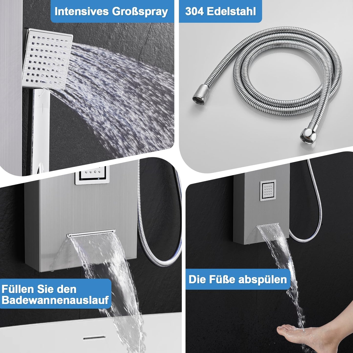 LED Duschpaneel mit Thermostat, OUGOO 6 Funktionen Duschpaneel mit Armatur, Regendusche, Wasserfalldusche, 2-Typ-Massagedüsen, Handbrause und Badewanneneinlauf, 304 Edelstahl, Schwarz