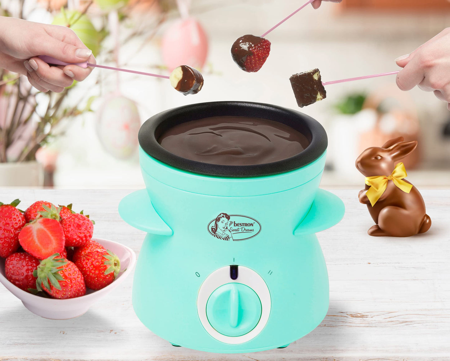 Bestron Schokoladen Fondue für 2 Personen, Mini-Schokofondue-Set, inkl. 10xSpieße, 10xGabeln und 1xSpachtel, 25Watt, Farbe: Rosa