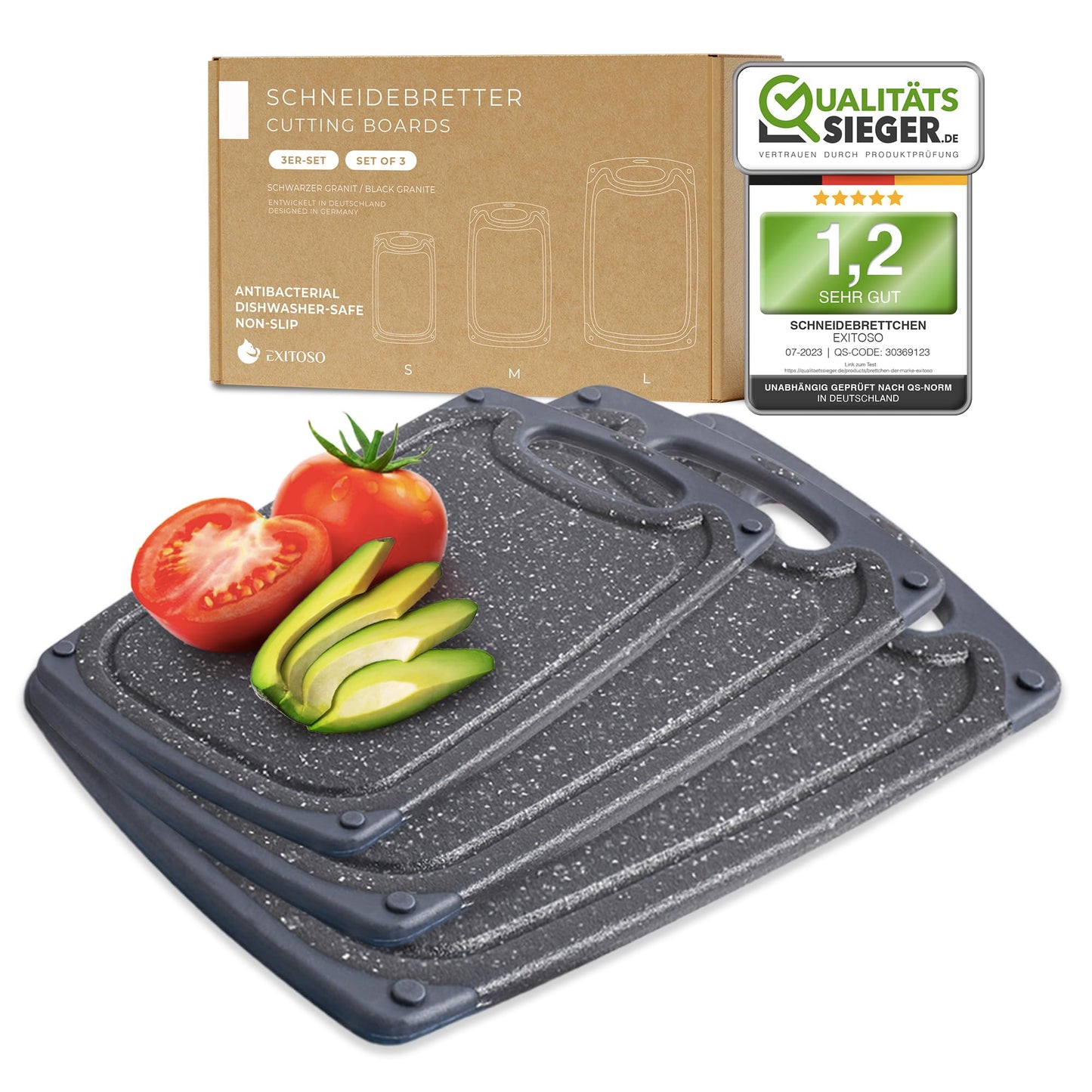 Exitoso 3-Piece Innovative Chopping Board Set | Non-Slip with Juice Groove and Handle | Dishwasher Safe | Antibacterial | Grey/Black Plastic