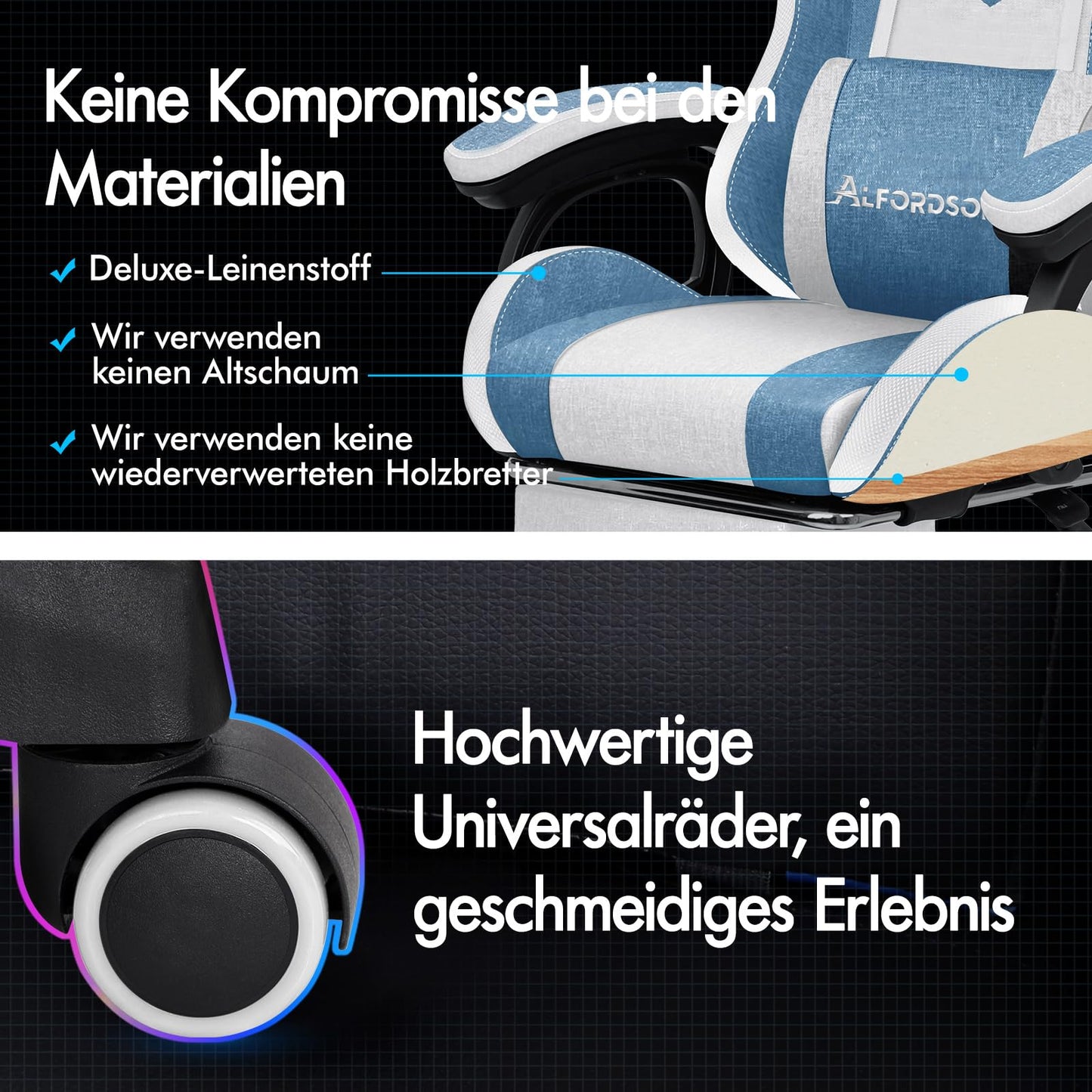 ALFORDSON Gaming Stuhl mit 8-Punkt Massage 12 Farben RGB LED-Licht, Bürostuhl Ergonomisch mit fußstützen, Kopfstütze Lendenkissen für Kinder Erwachsene, Schwarz