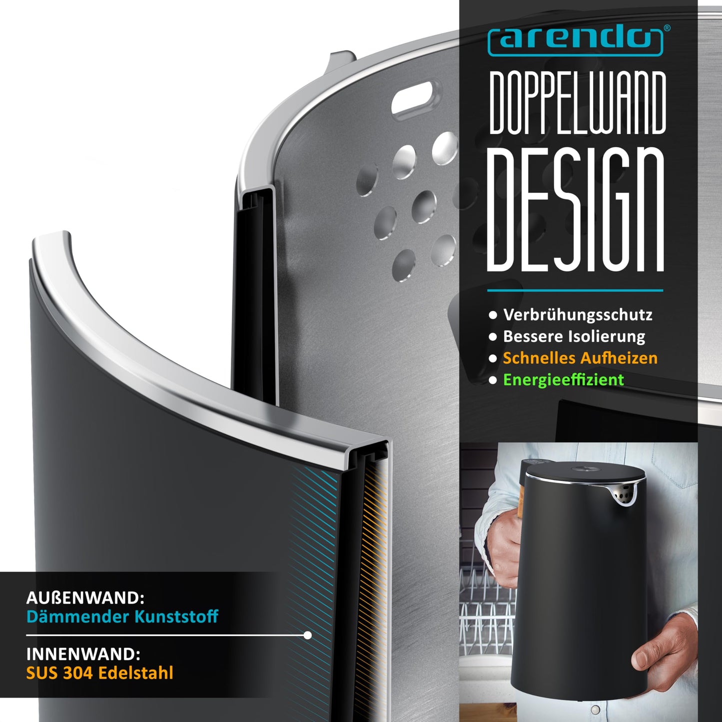 Arendo - Stainless Steel Kettle with Temperature Setting - 45°C-100°C - 1.5 Litre - Double Wall - BPA Free - Keep Warm Function - Tea Maker with Temperature Indicator - Cool Touch Handle - Black