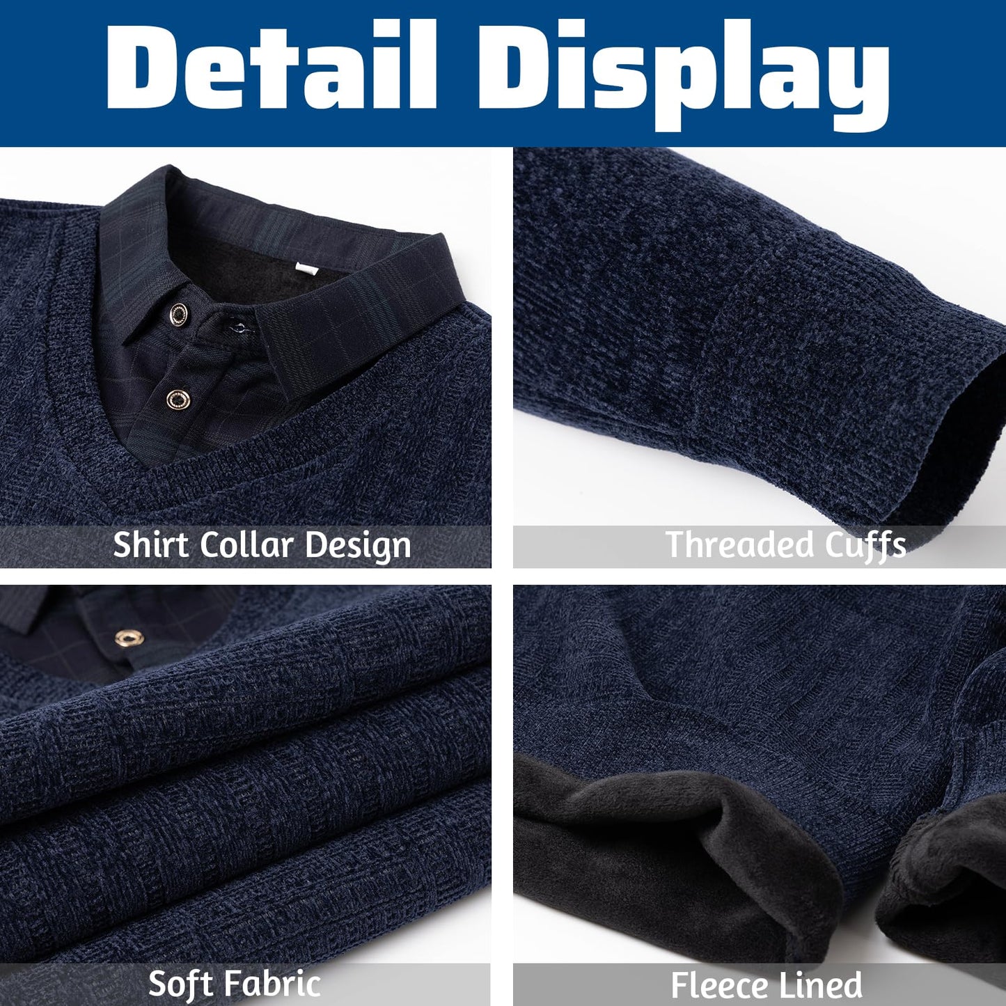 Men’s 2-in-1 V-Neck Sweater – Slim Fit Chenille Pullover with Mock Shirt Collar