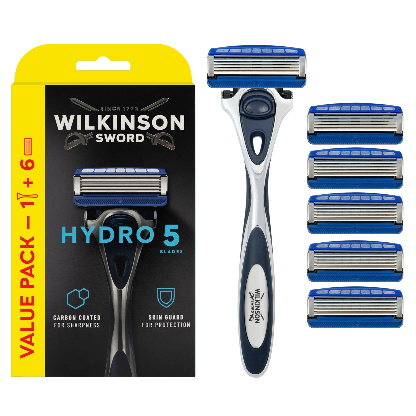 Wilkinson Sword - Hydro 5 Rasierer für Männer, Rasiergriff + 13 Rasierklingen, Feuchtigkeitsspendende Gel-Pools und umklappbarer Trimmer
