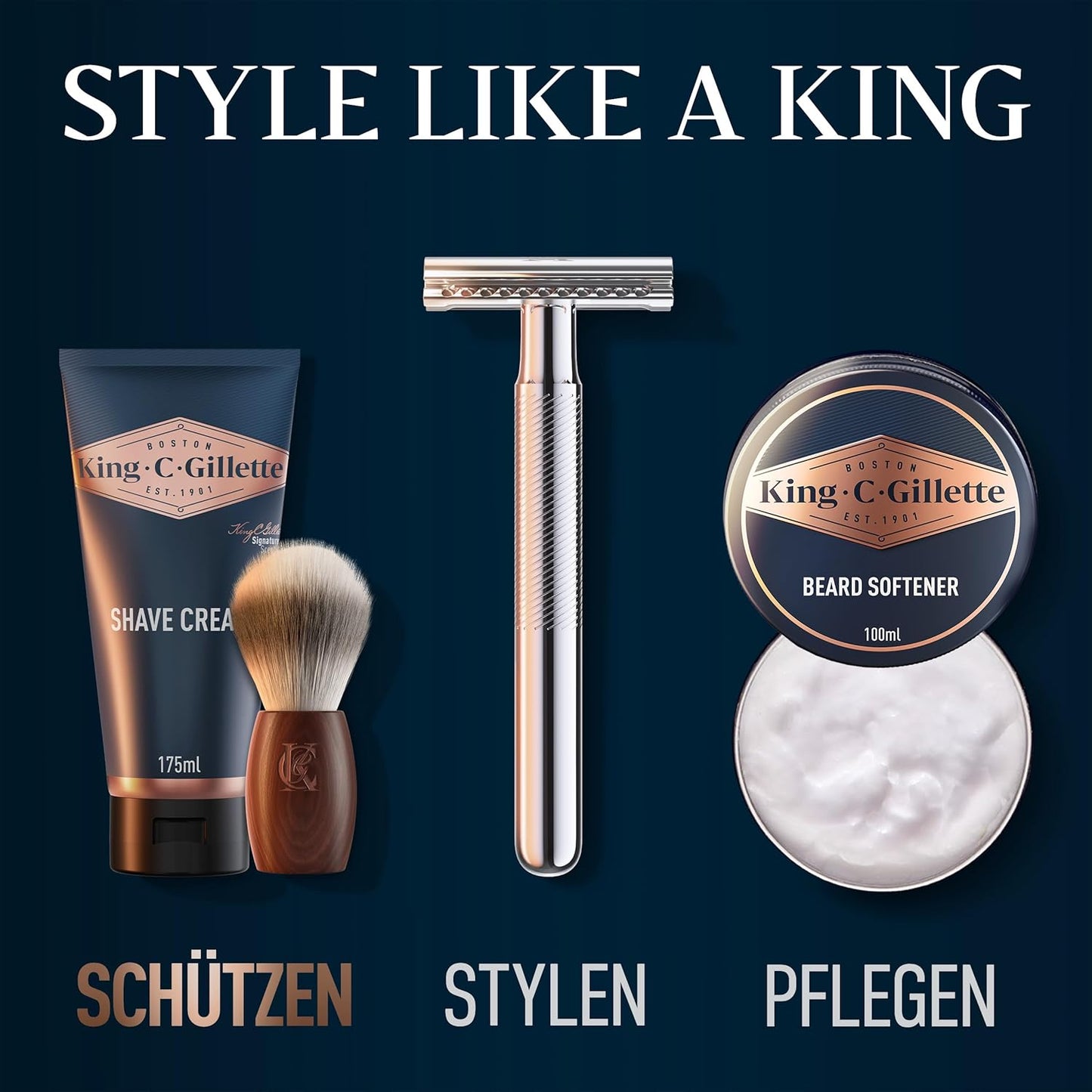 King C. Gillette Bartpflege Rasierpinsel Herren mit weichen Borsten und Holzgriff, Rasurerlebnis auf Barbier-Niveau, Geschenk für Männer