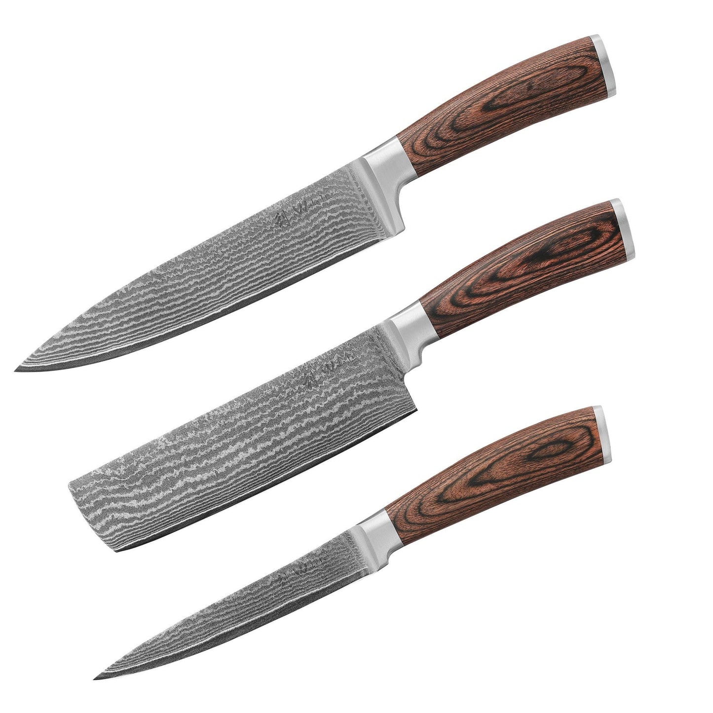 Wakoli EDIB 3er Damastmesser Set mit 8-17cm Klingen gefertigt aus 67 Lagen echtem Damaststahl mit Pakkaholzgriff in Holzbox I Premium Messerset Damast & Profi Küchenmesser