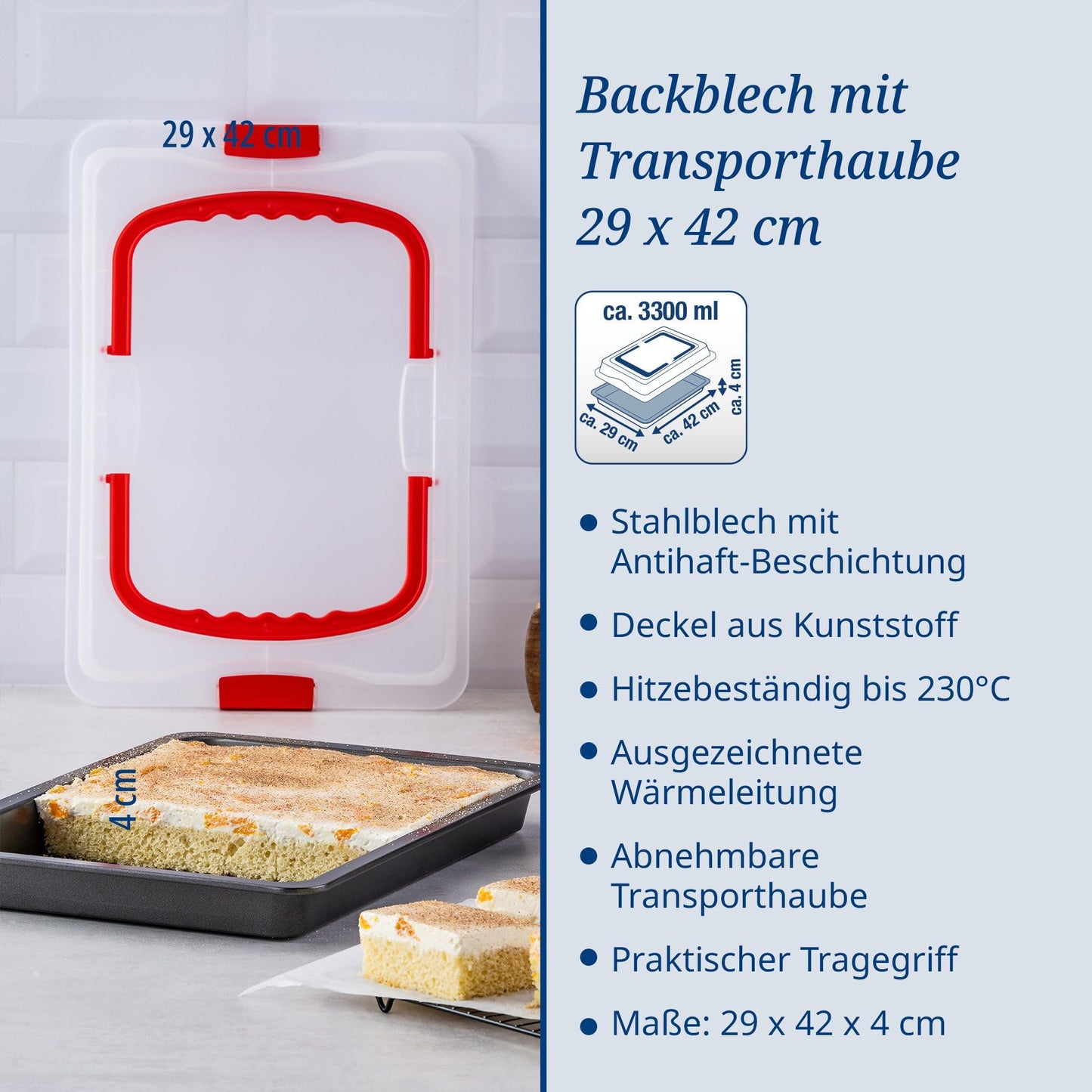 Dr. Oetker Backblech mit Transporthaube Bake & Go – 3in1: Ofenblech zum Backen, Aufbewahren und Transportieren – Antihaft, 42x29x4 cm