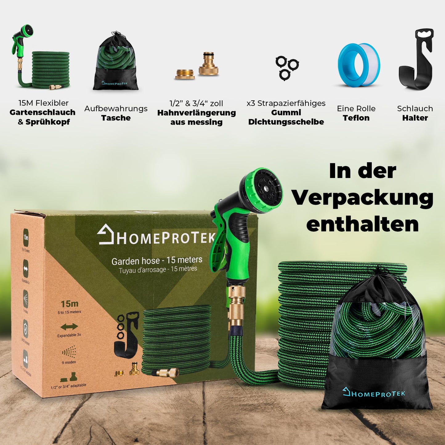 HOMEPROTEK Gartenschlauch Flexibel 15m Bewässerungsschlauch, Flexibler Wasserschlauch, Dehnbarer Flexschlauc mit 1/2 zoll und 3/4 zoll Messingverschraubungen, 3-Fach Latex Balkonschlauch, Garden Hose