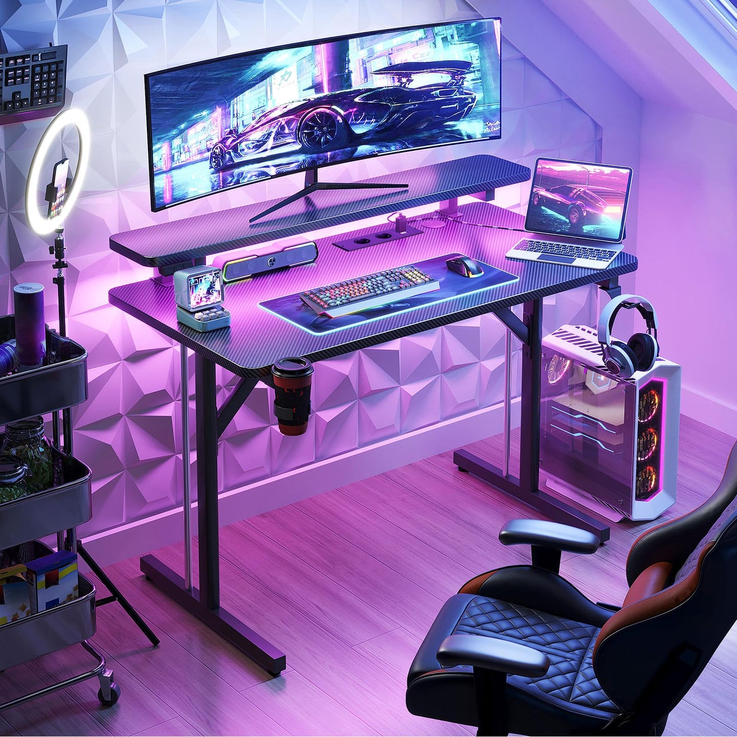ODK Gaming Tisch, Kleiner Gaming Schreibtisch mit LED Beleuchtung & Steckdosen, Computertisch mit Monitorablage, Carbon Fiber Schwarz PC Gamer Tisch 100cm