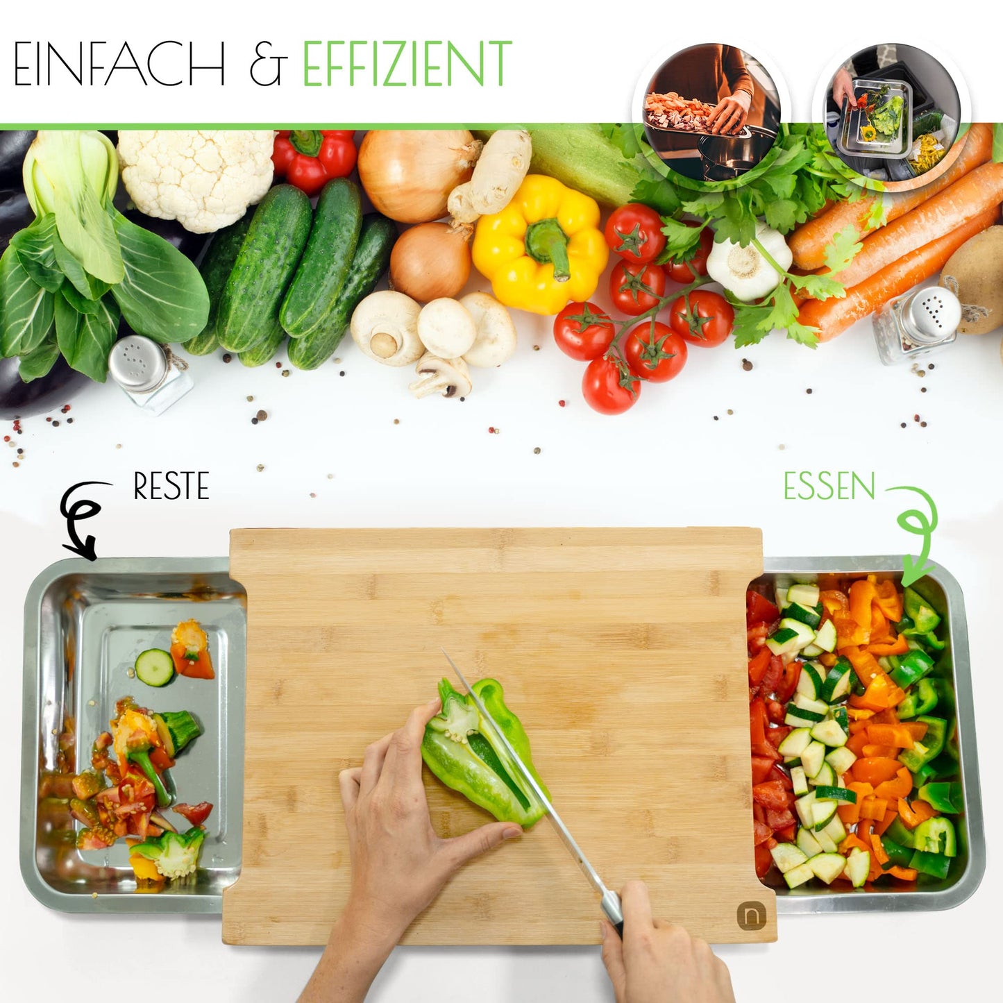 naturlik Schneidebrett XL mit magnetischen Auffangschalen - Hochwertiger FSC®-zertifizierter Bambus - Schneidebrett mit Auffangschale - Schneidebrett Holz - Holzbrett Küche - Praktische Küchenhilfe