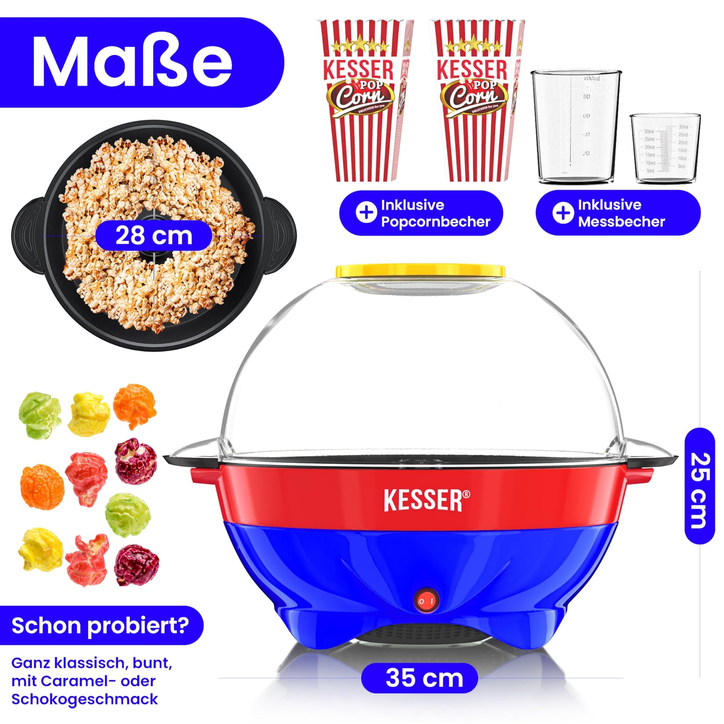 KESSER® Popcornmaschine Groß 800W | Popcorn-Maker 5,5l Inhalt mit Antihaftbeschichtung Deckel & Servierschale | für Öl Butter Zucker Stille & Schnelle inkl. abnehmbarer Heizfläche