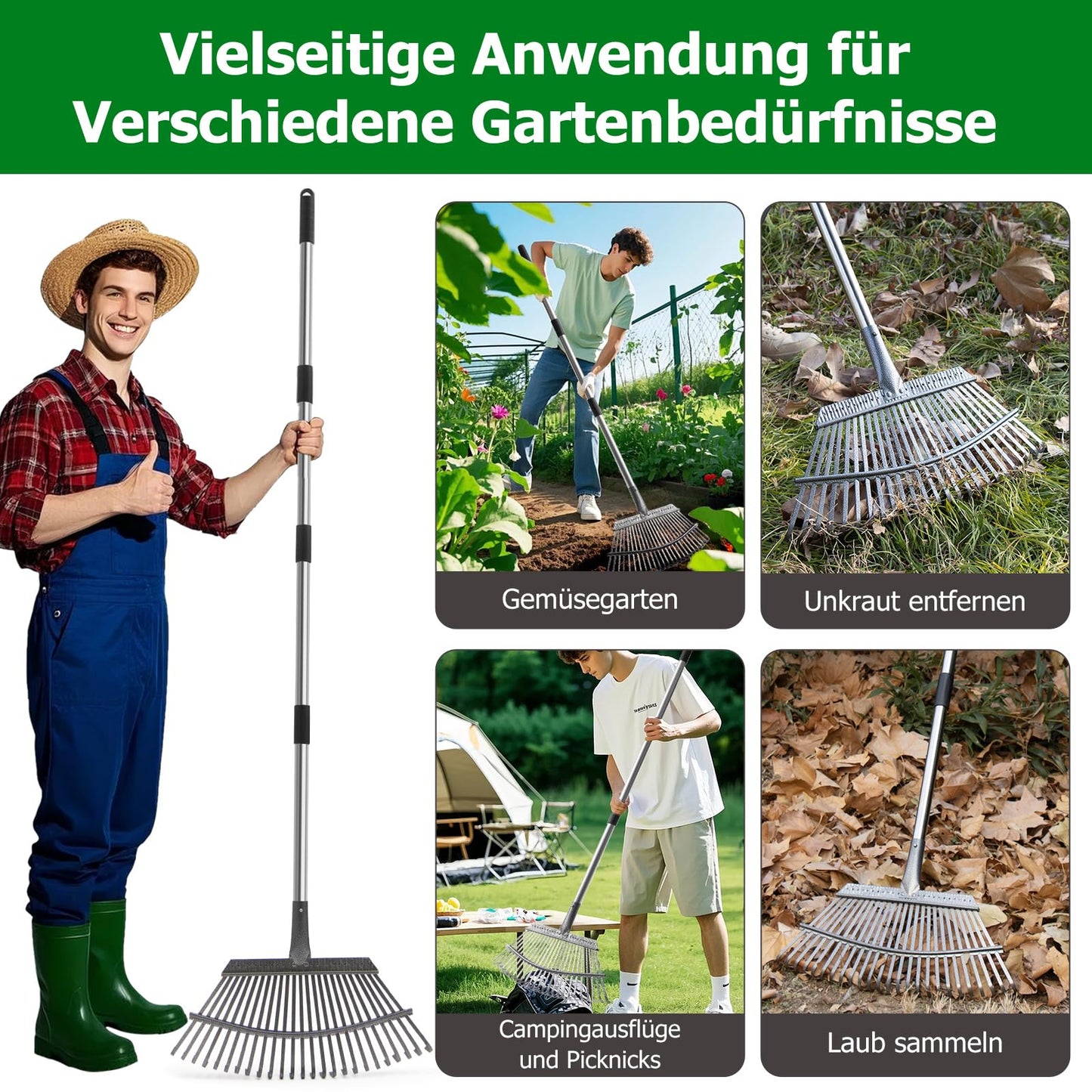 25-Zinken Garten Rechen für Laub, Rasen & Gras, Verstellbarer Langer Stiel Laubrechen, Breiter Metall-Rechenkopf, Ergonomisches Design, Effiziente Reinigung Laubsammler für Garten, Rasen, Moos