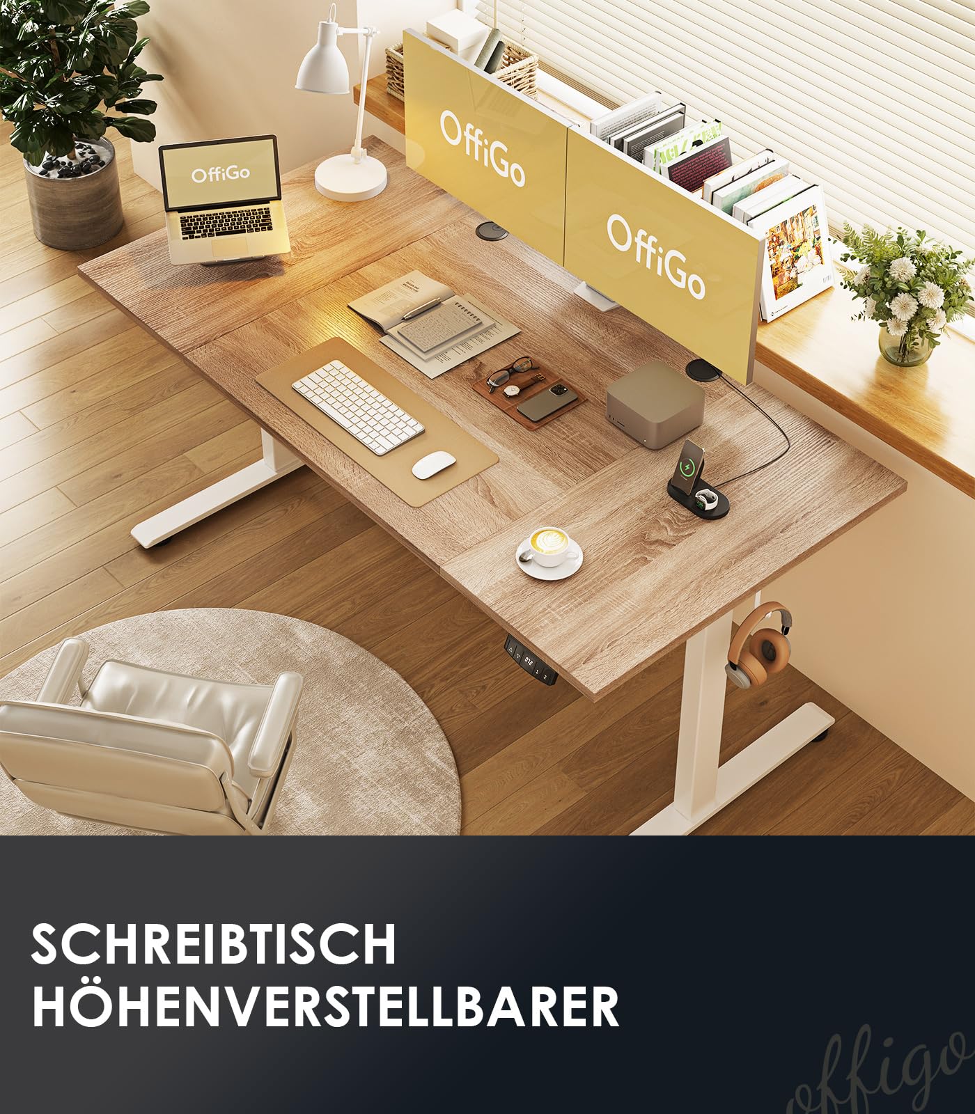 OffiGo Höhenverstellbarer Schreibtisch, 120 cm Elektrischer Schreibtisch, Ergonomischer Tisch mit Memory-Funktion, Gaming Tisch Höhenverstellbar, Moderner Computertisch für Zuhause und Büro, Weiß