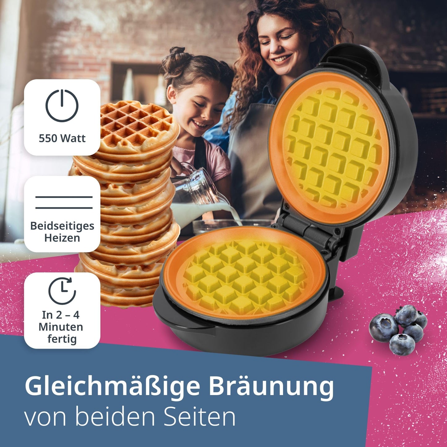 ADE Mini Waffeleisen Herzform | belgische Waffel | perfekt für eine Person, Party, Kindergeburtstag | hochwertige Antihaftbeschichtung | 550 W | schwarz