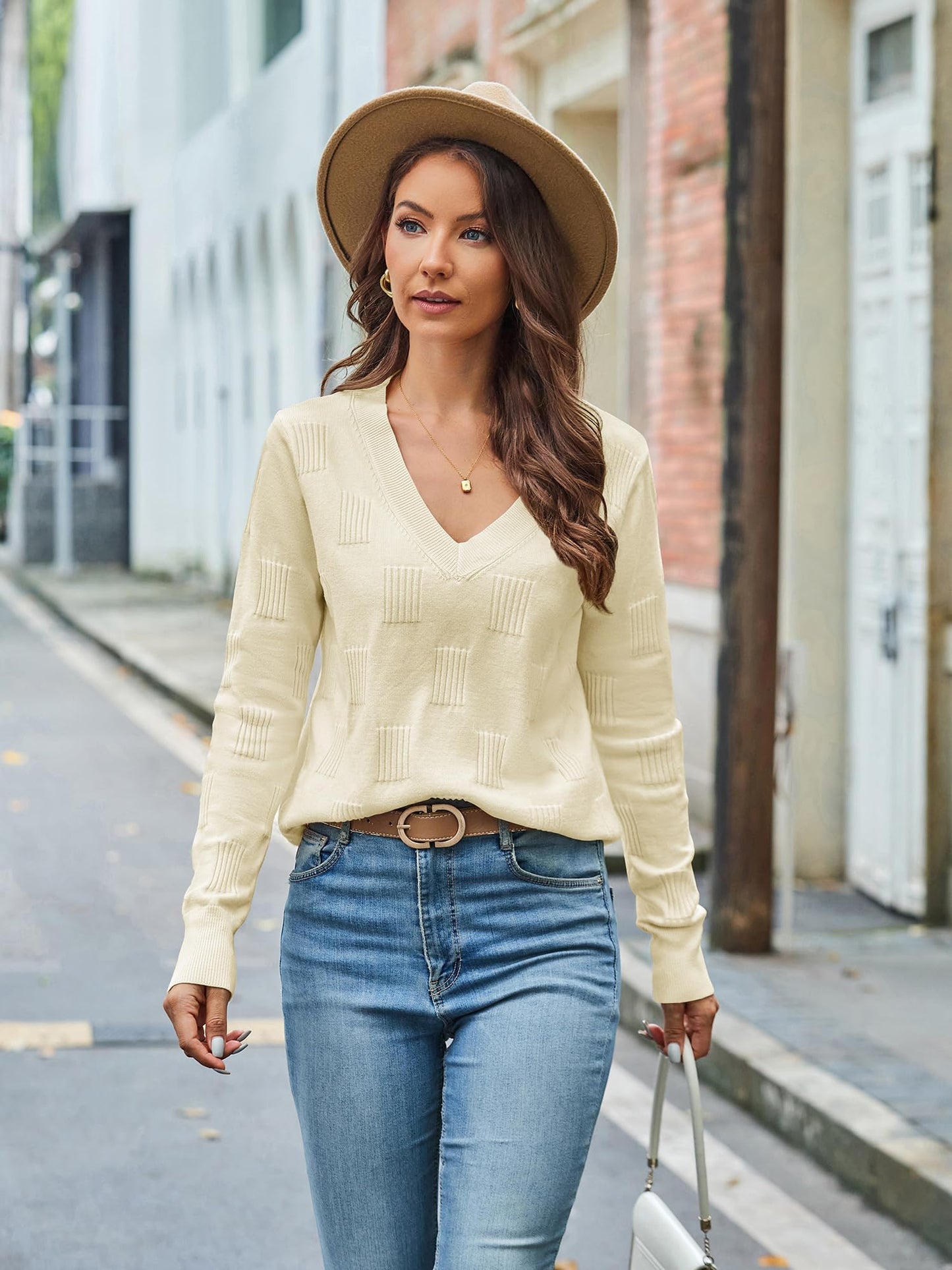 Women’s V-Neck Knit Sweater – Long Sleeve Casual Elegant Pullover