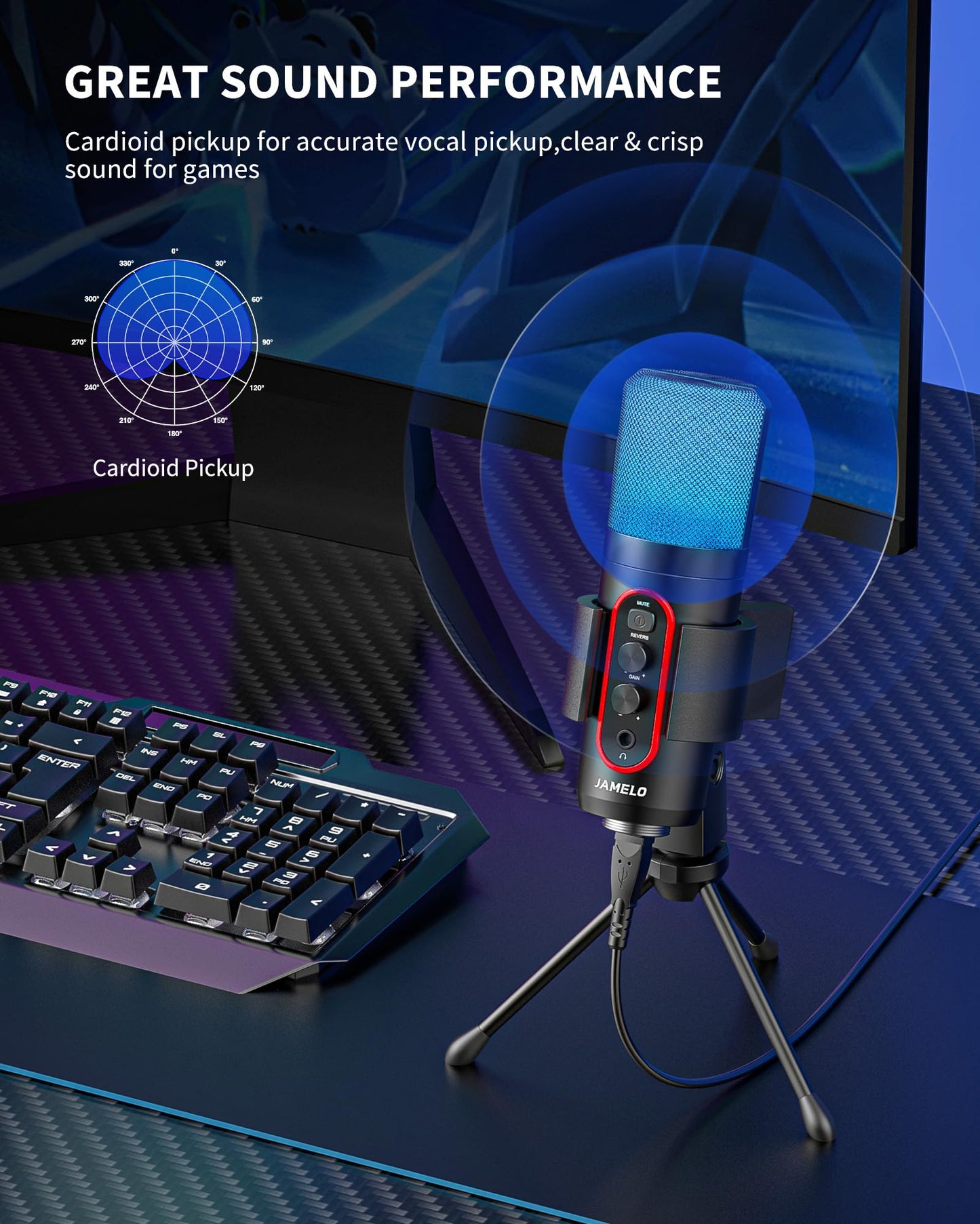 JAMELO USB Mikrofon, Kondensatormikrofon RGB Effekt PC Gaming Mikrofon mit Stummschaltung & Nachhall USB Mikrofon Tisch für Live-Streaming, Podcasting Gesangs- und Instrumentenaufnahmen