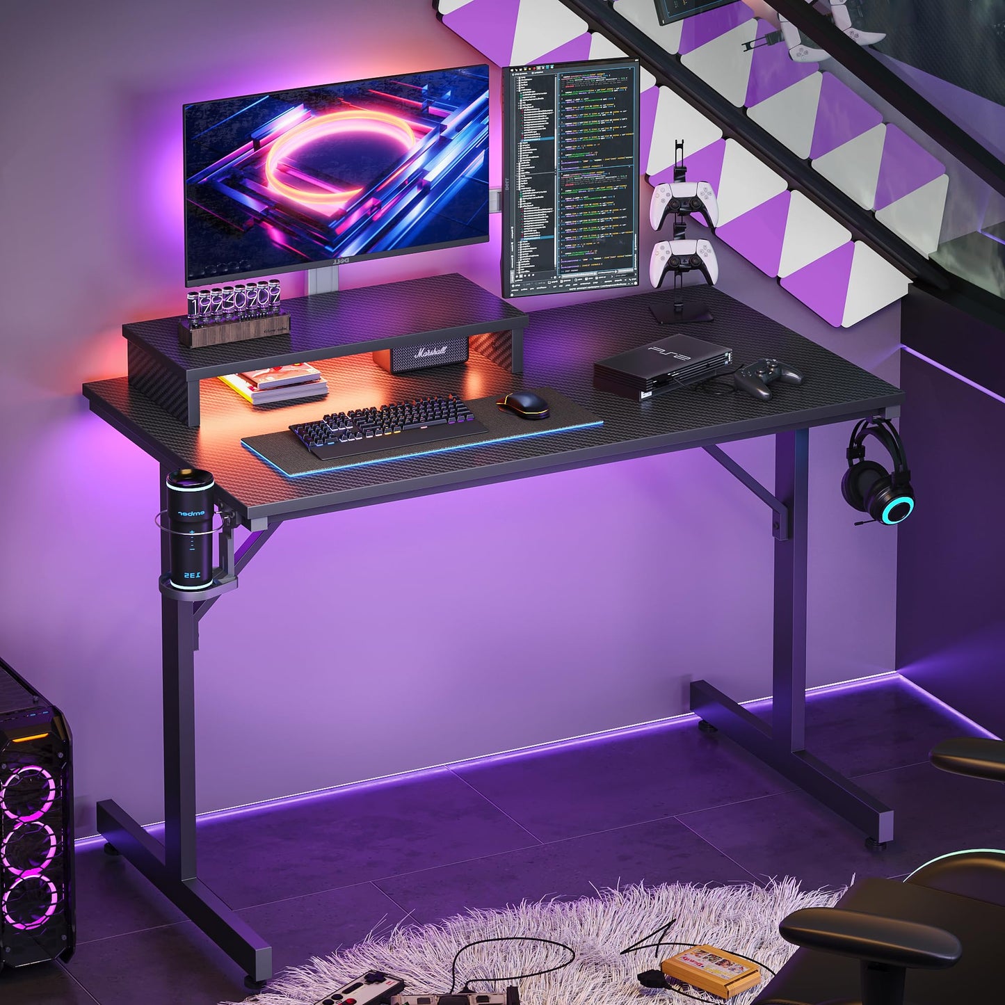 Bestier Kleiner Gaming-Schreibtisch 106,6 cm LED Computerschreibtisch mit Monitorständer, Gamer-Arbeitsstation mit Becherhalter & Headset-Haken für Home-Office, Schlafzimmer, kleine Räum