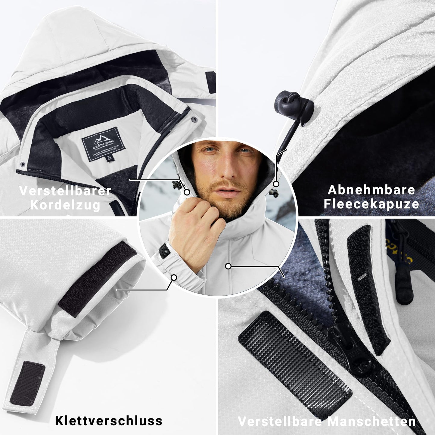 KEFITEVD Herren Skijacke Atmungsaktiv Warm Gefüttert Winterjacke mit Abnehmbarer Kapuze Snowboardjacke Wasserdicht Outdoorjacke