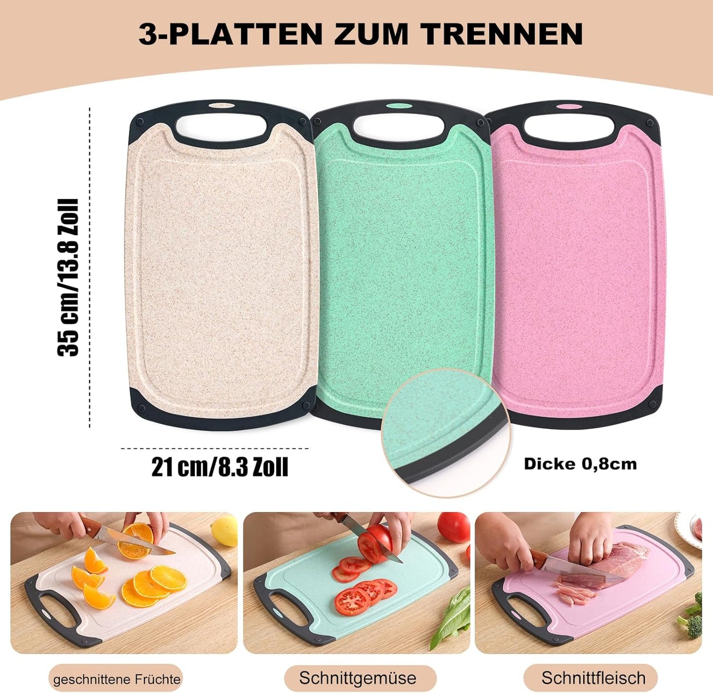 Schneidebrett Set 3 Stück Weizenstroh Küche Schneidebretter BPA Frei mit Saftrillen Leicht Zu Greifen, Hängenden Löchern, Rutschfestem, Spülmaschinenfestem Schneidebrett (Beige + Grün + Pink)