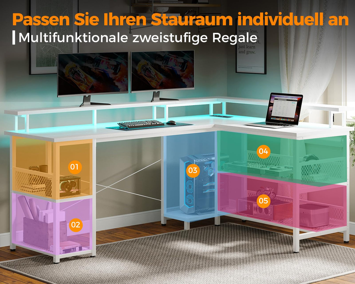 ODK Gaming Tisch mit LED, Reversibel Gaming Schreibtisch mit 2 Steckdosen & 2 USB-Ladeanschlüssen, Eckschreibtisch Groß mit Netzablage, Schwarz 150×102cm