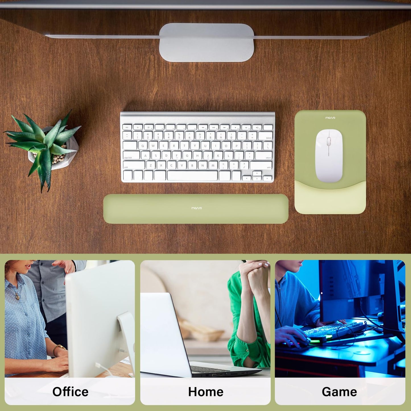MOSISO Handgelenkstütze für Mauspad&Tastatur Set, Rechteckig Ergonomisch Mauspad Rutschfest Basis Home/Büro Schmerzlinderung&Typing Kissen mit Neopren Cloth&Erhöht Gebogen Memory Schaum,Grün