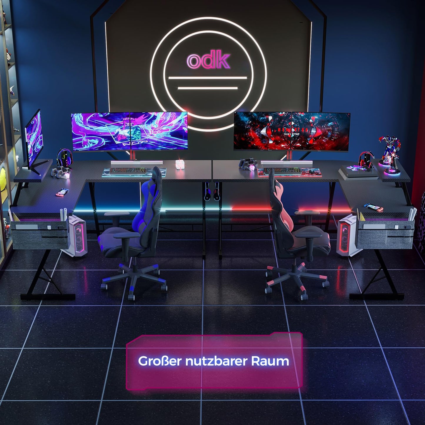 ODK Gaming Tisch, Gaming Schreibtisch Eckschreibtisch für Gamer, Schreibtisch L Form mit Monitorständer für Büro (Schwarz, 127 x 127 cm)